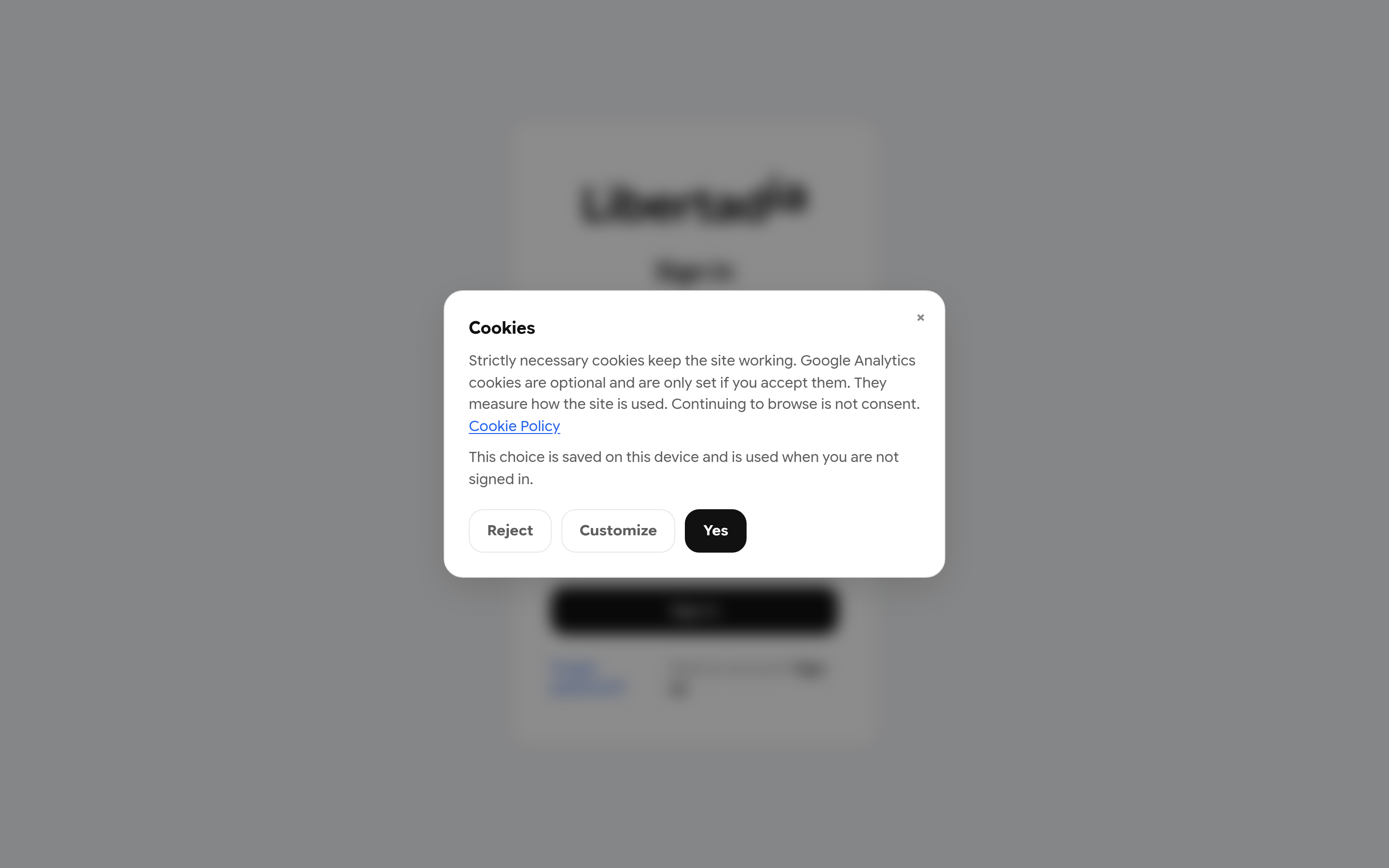 Cookie consent dialog with Reject, Customize and Yes buttons