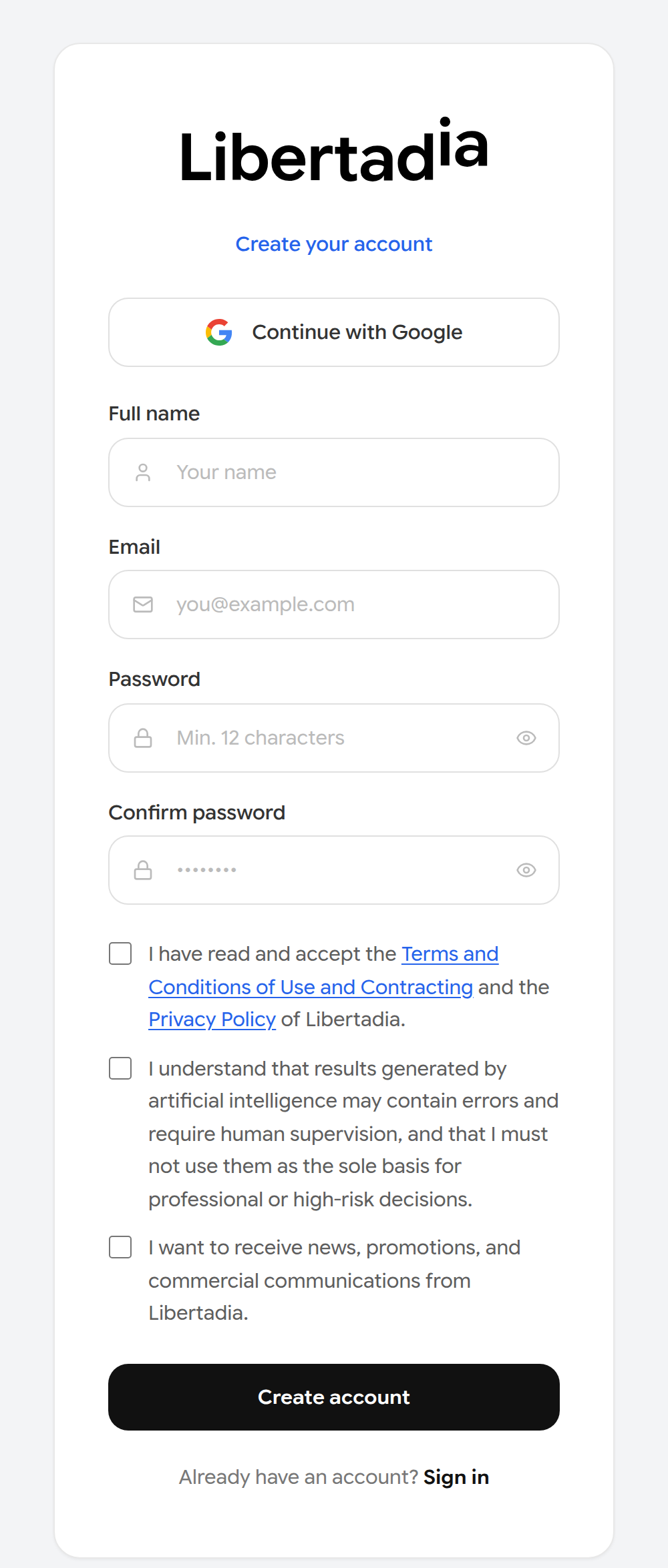 Sign-up form with name, email, password fields and consent checkboxes