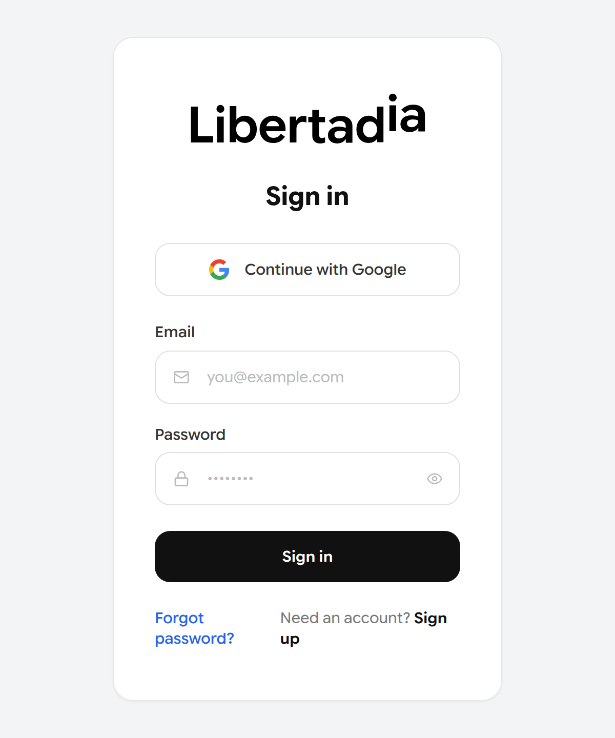 Sign-in page with Google button, email and password fields
