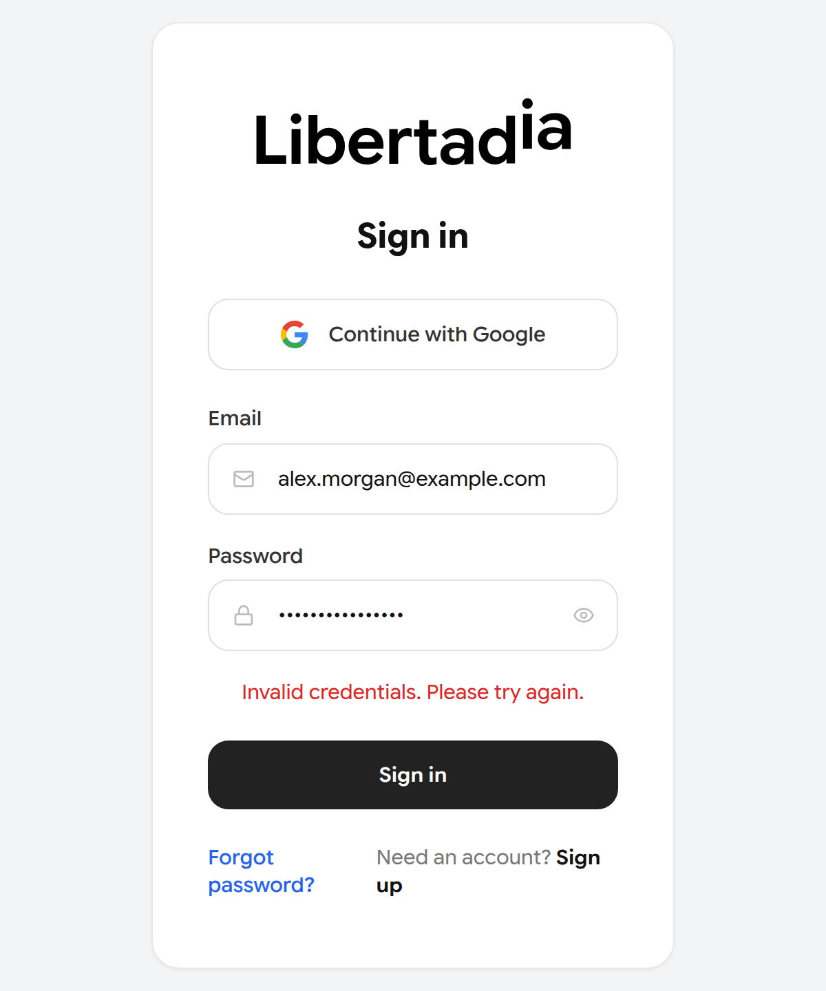 Sign-in page showing the Invalid credentials error message