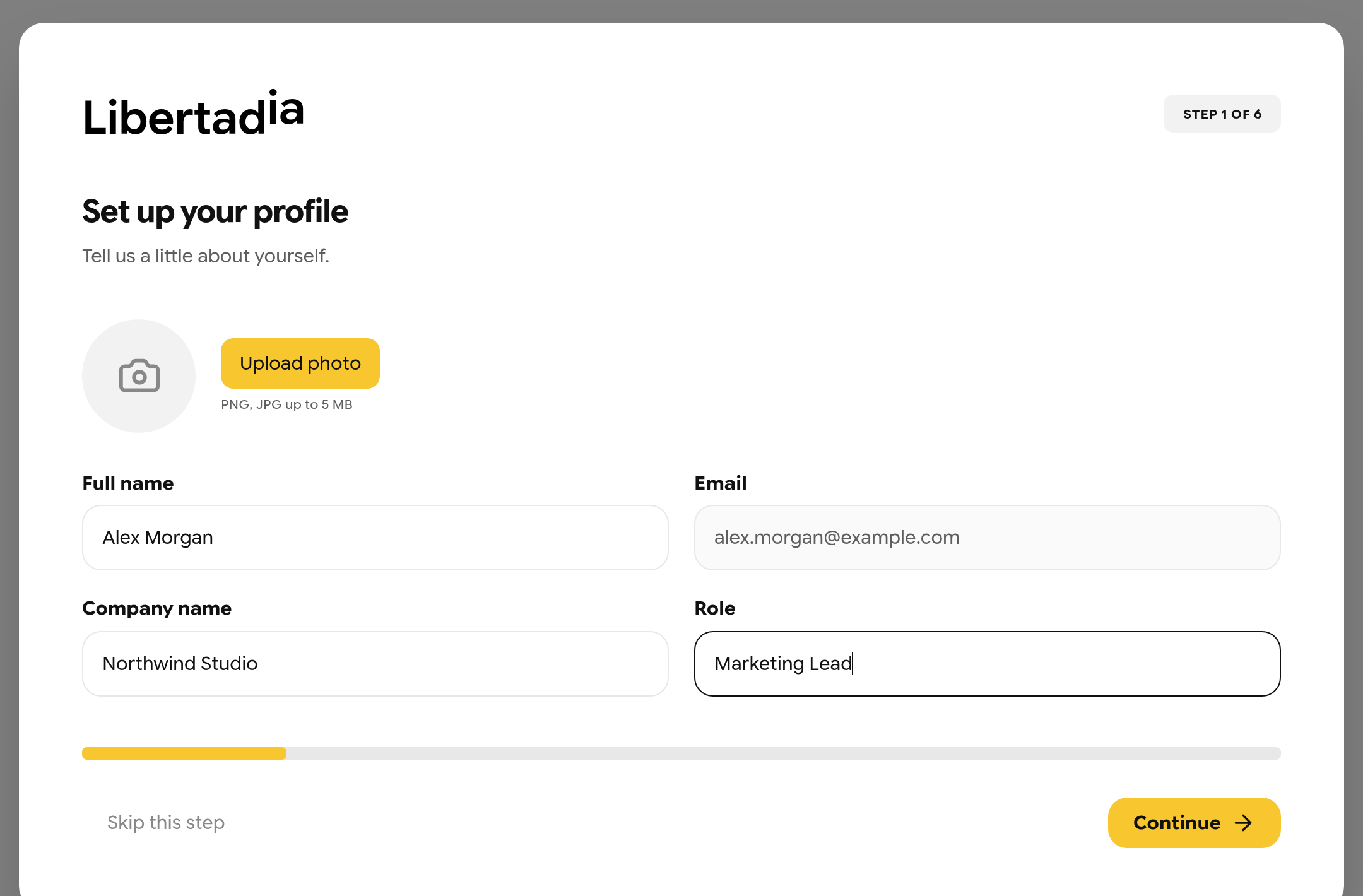 Onboarding step 1: Set up your profile with photo, name, company and role fields