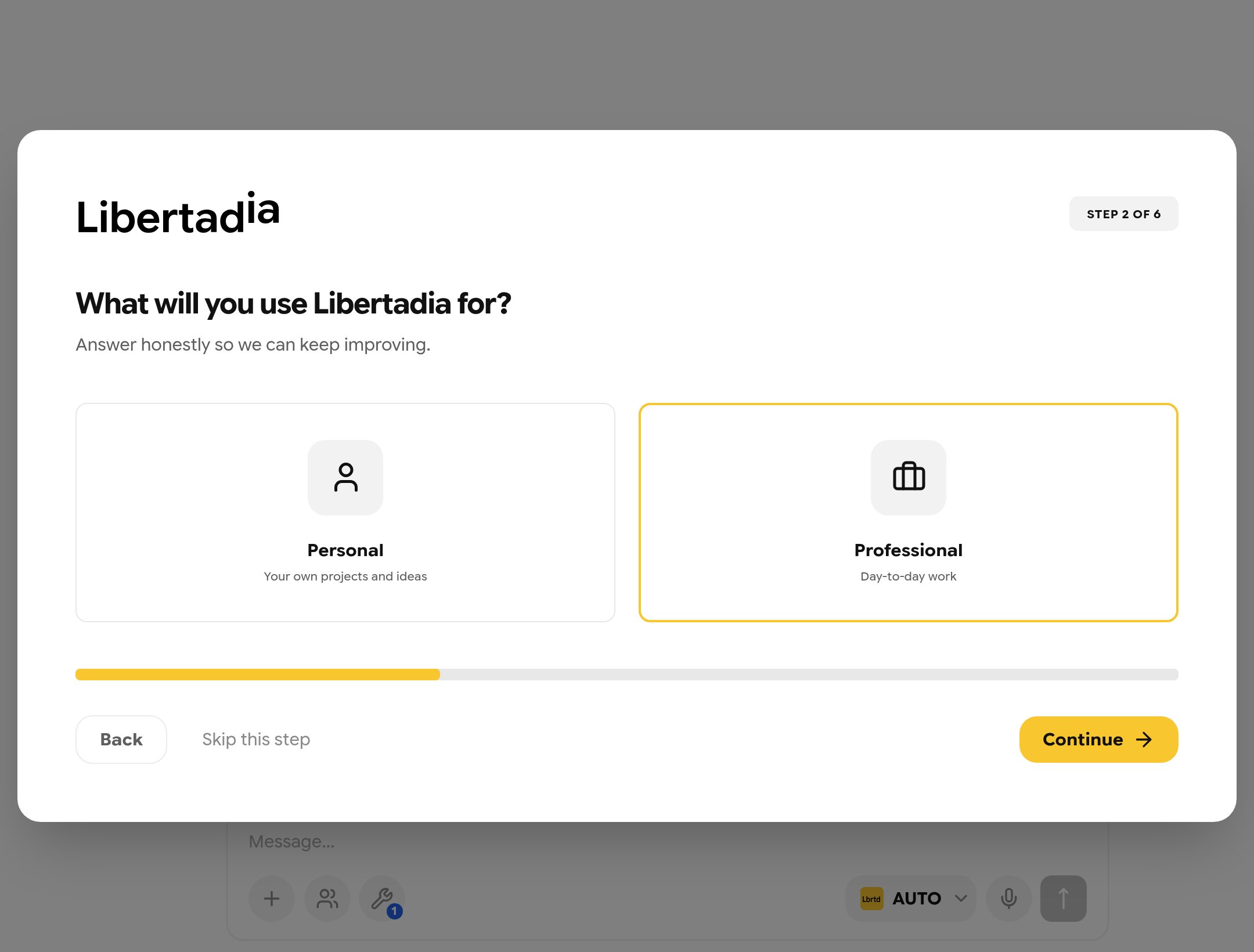 Onboarding step 2: choosing Personal or Professional use