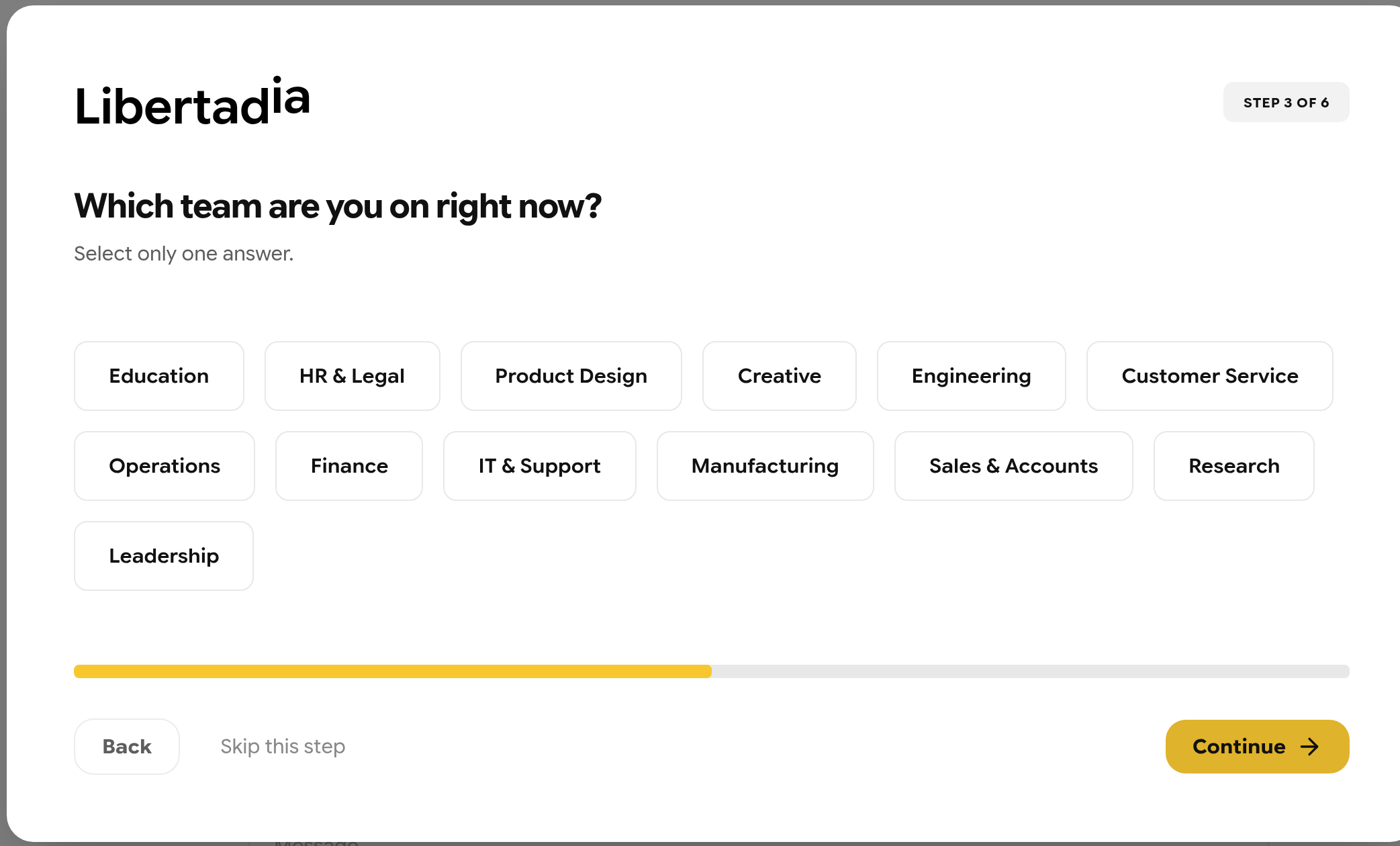 Onboarding step 3: choosing your team from a list of areas