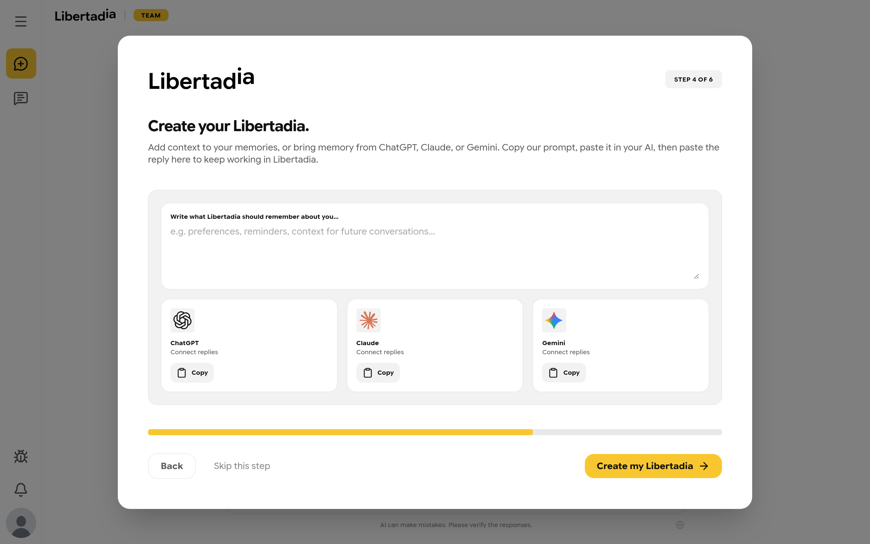 Onboarding step 4: memory text box and import options for ChatGPT, Claude and Gemini