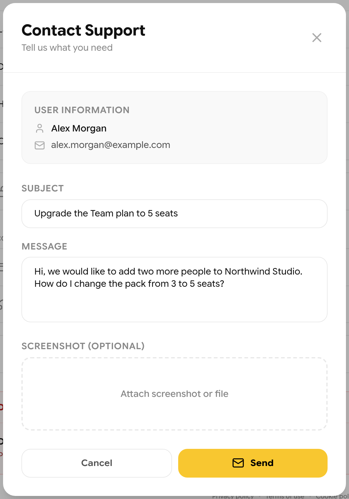 Contact Support form with subject, message and screenshot fields