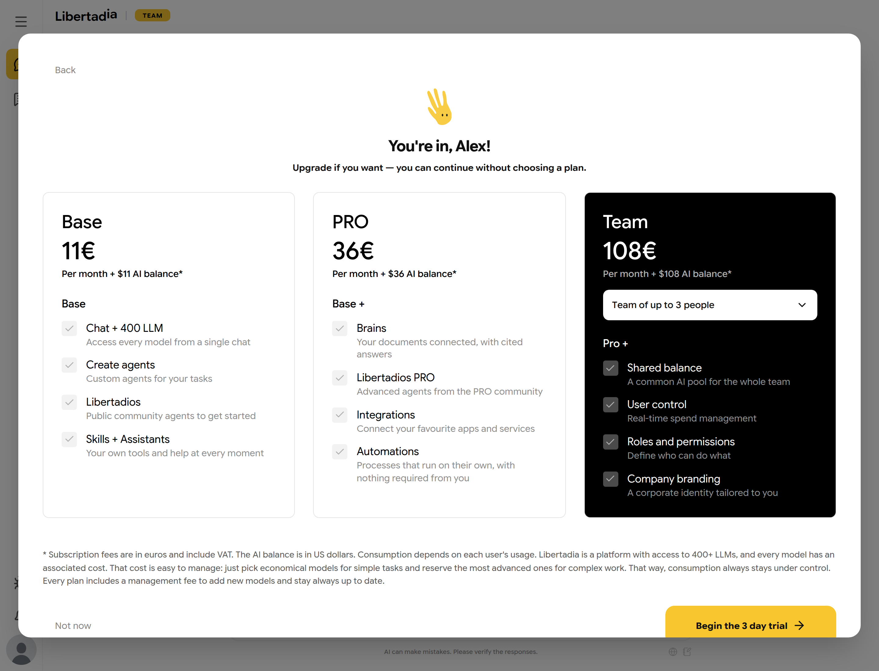 Onboarding step 6: plan cards for Base, PRO and Team