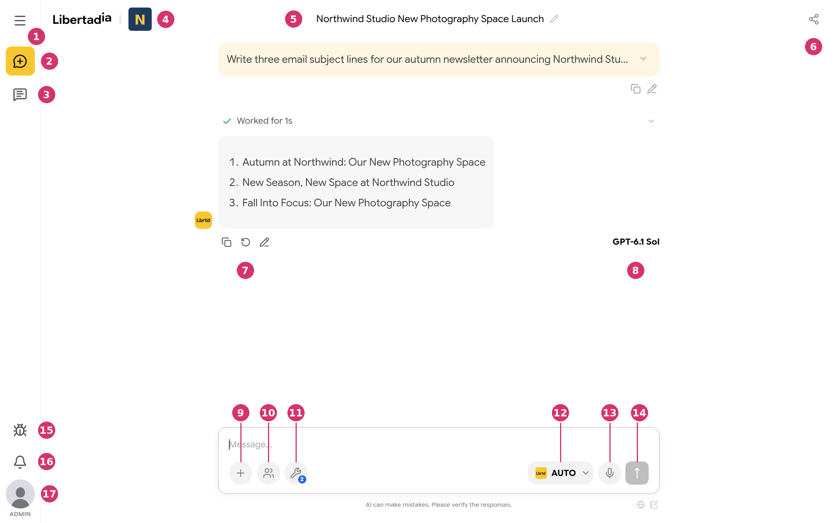 Annotated chat screen with numbered callouts 1 to 17