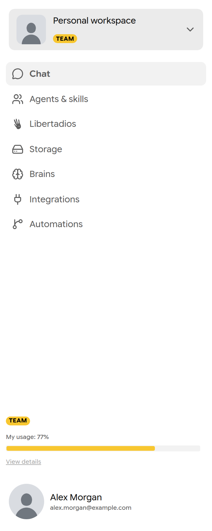 Main menu in the personal workspace