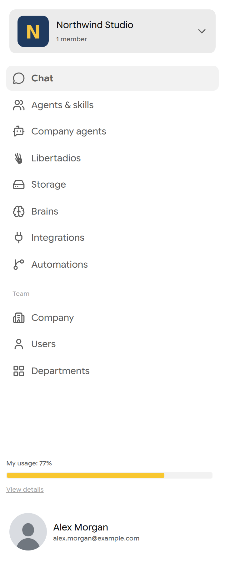 Main menu in a company workspace with Team section