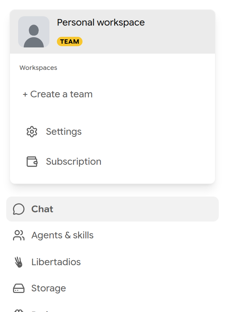 Workspace switcher with Create a team, Settings and Subscription