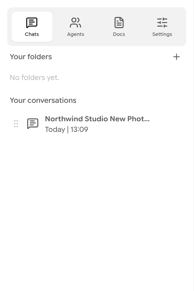 Chat panel with Chats, Agents, Docs and Settings tabs, folders and conversations