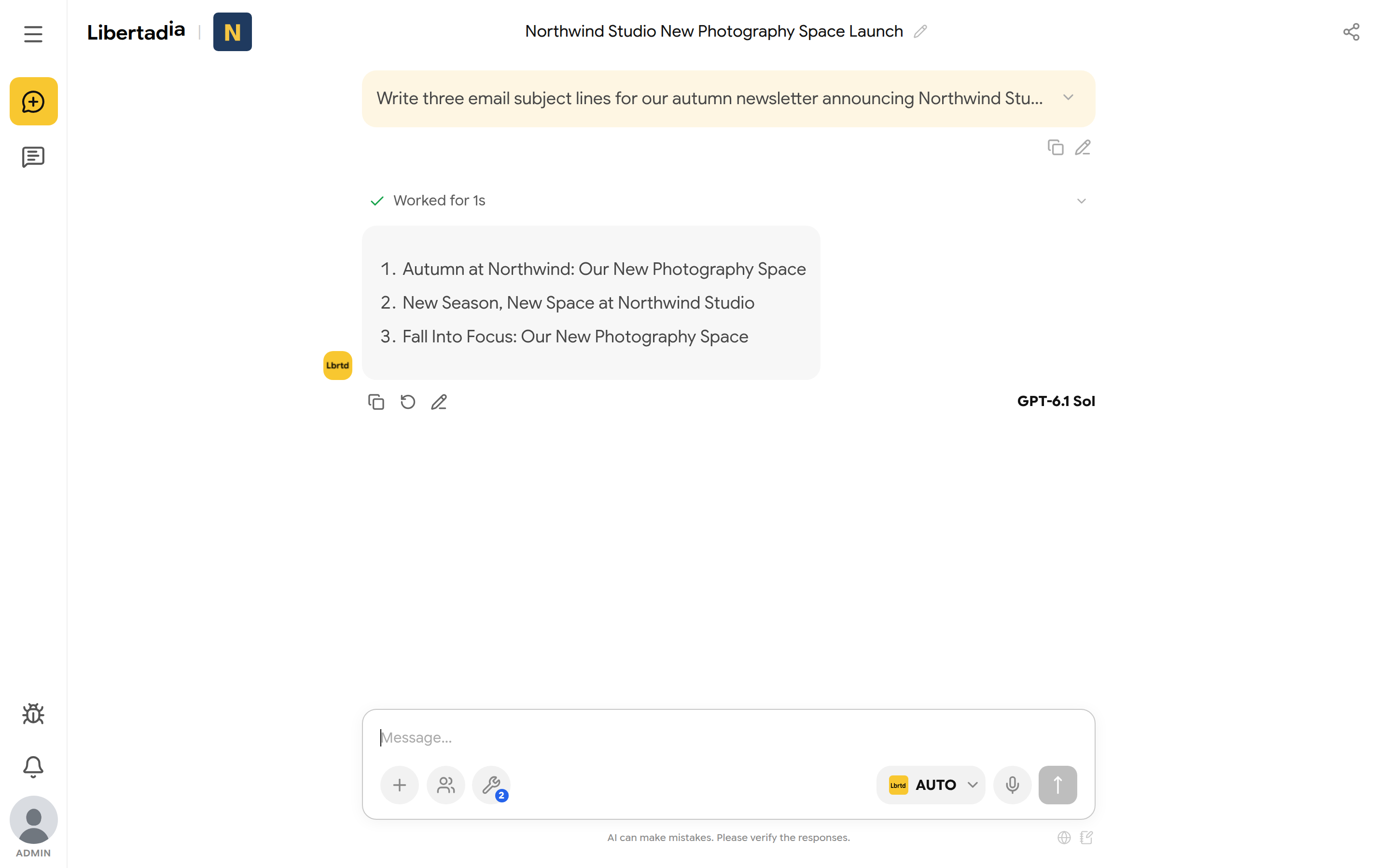 A conversation with the user's request and the AI reply listing three subject lines