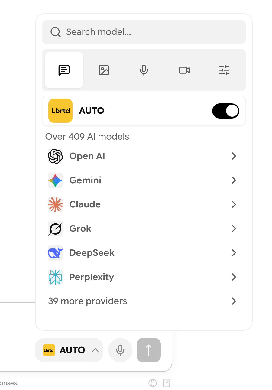 Model picker with search box, modality tabs, AUTO switch and provider list