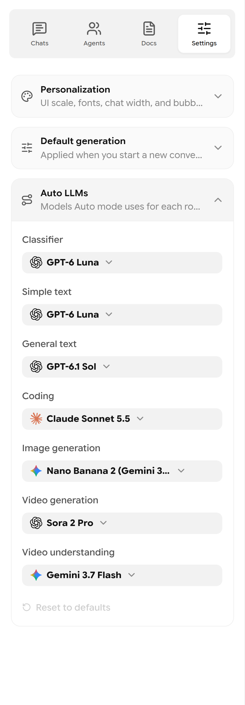 Auto LLMs settings listing Classifier, Simple text, General text, Coding, Image generation, Video generation routes