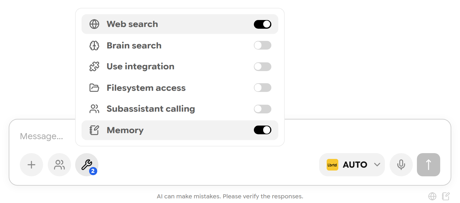 Tools menu with Web search, Brain search, Use integration, Filesystem access, Subassistant calling and Memory switches