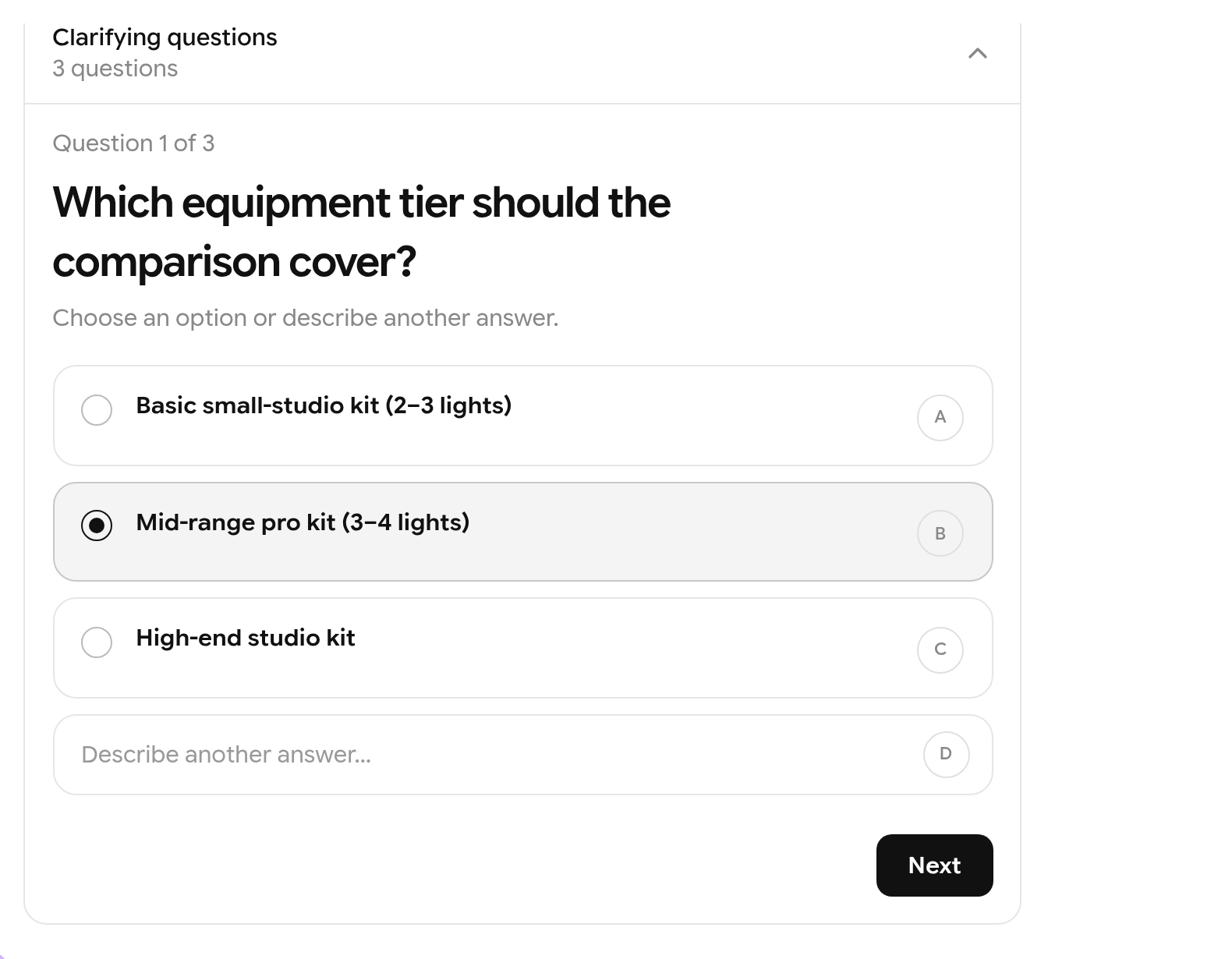 Clarifying question asking which equipment tier to compare, with options A to D