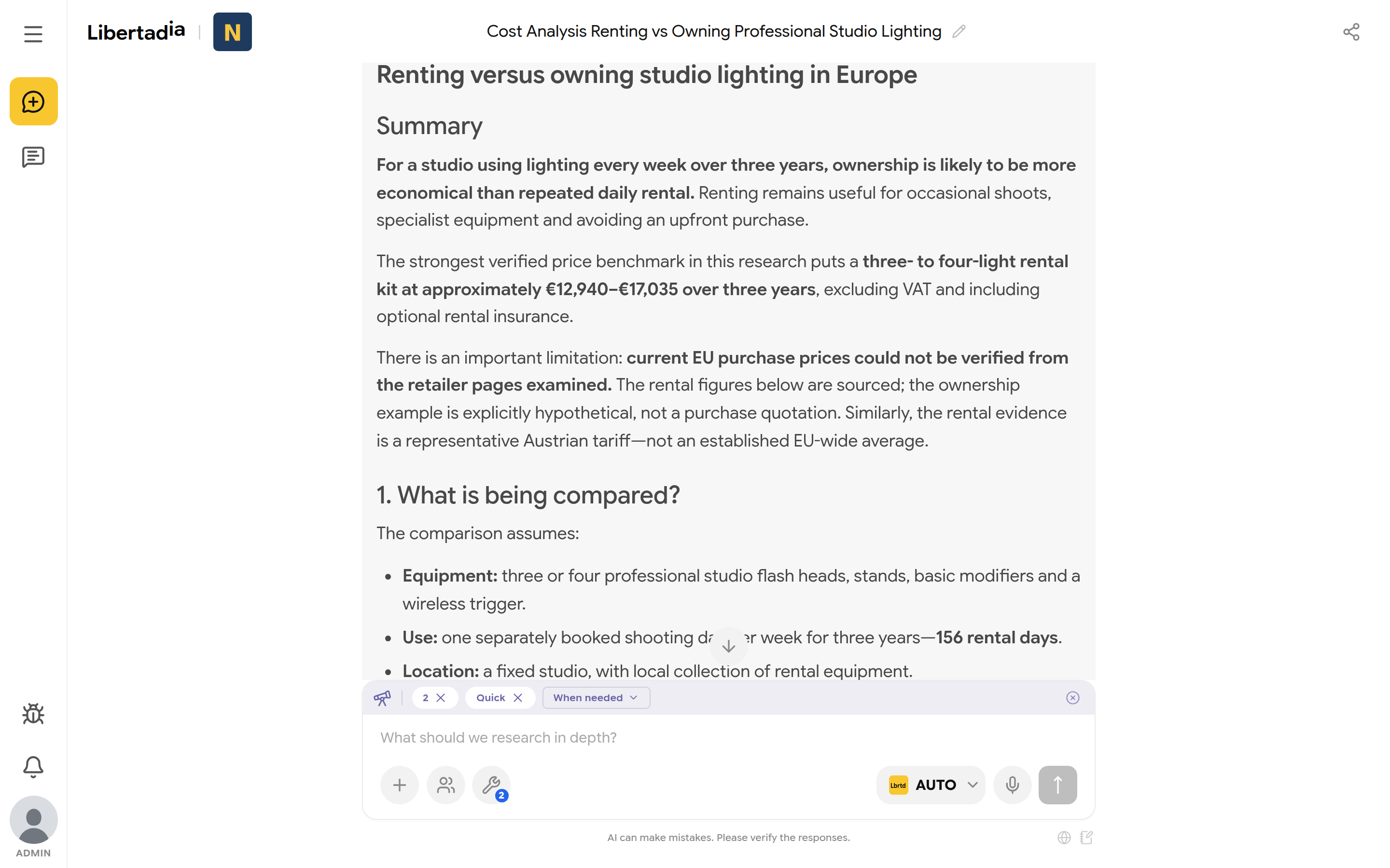 Research report titled Renting versus owning studio lighting in Europe with a summary section
