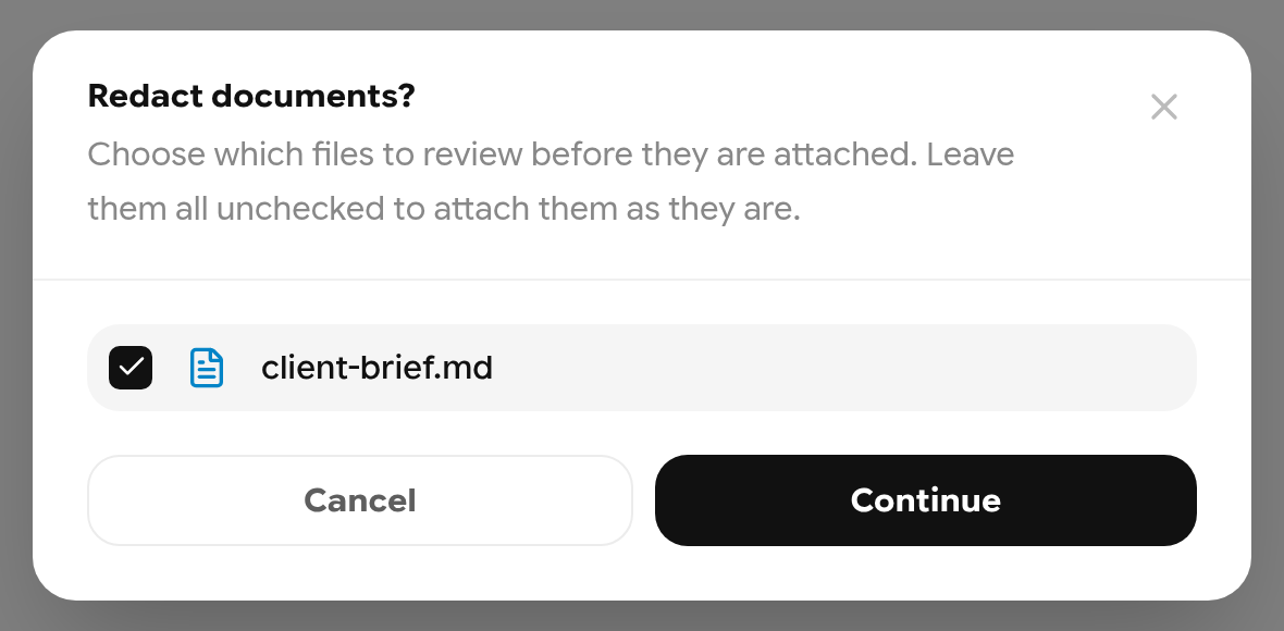 Redact documents dialog with client-brief.md ticked