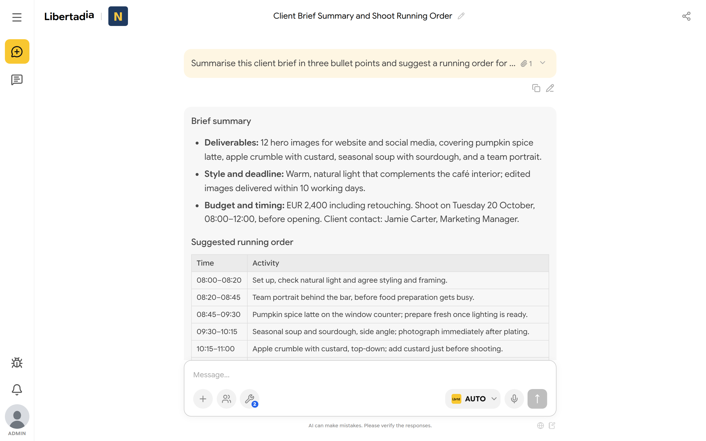 Reply summarising the brief in three bullets and a running-order table