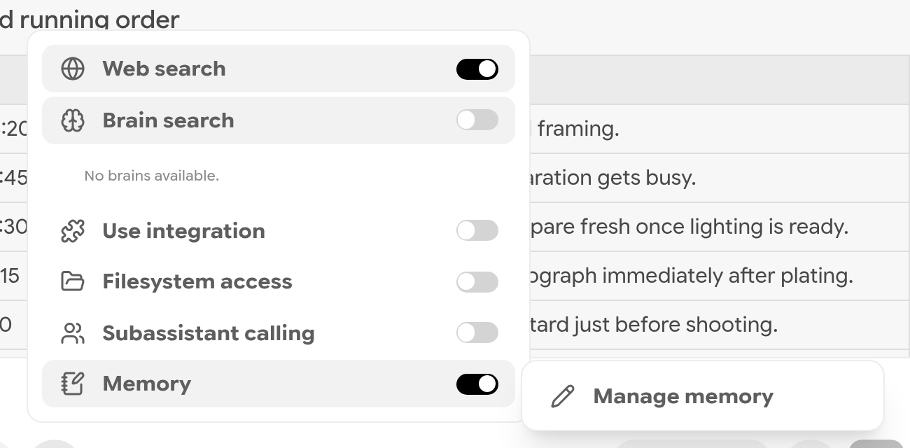 Tools menu with Memory submenu showing Manage memory