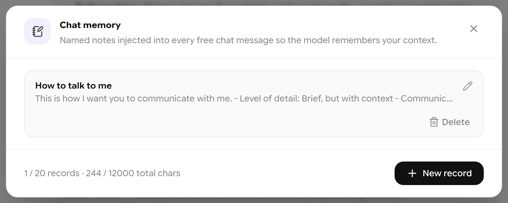 Chat memory window with the How to talk to me record and a New record button