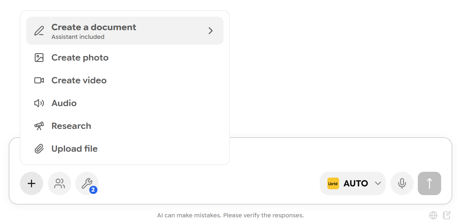 The + menu with Create a document, Create photo, Create video, Audio, Research and Upload file