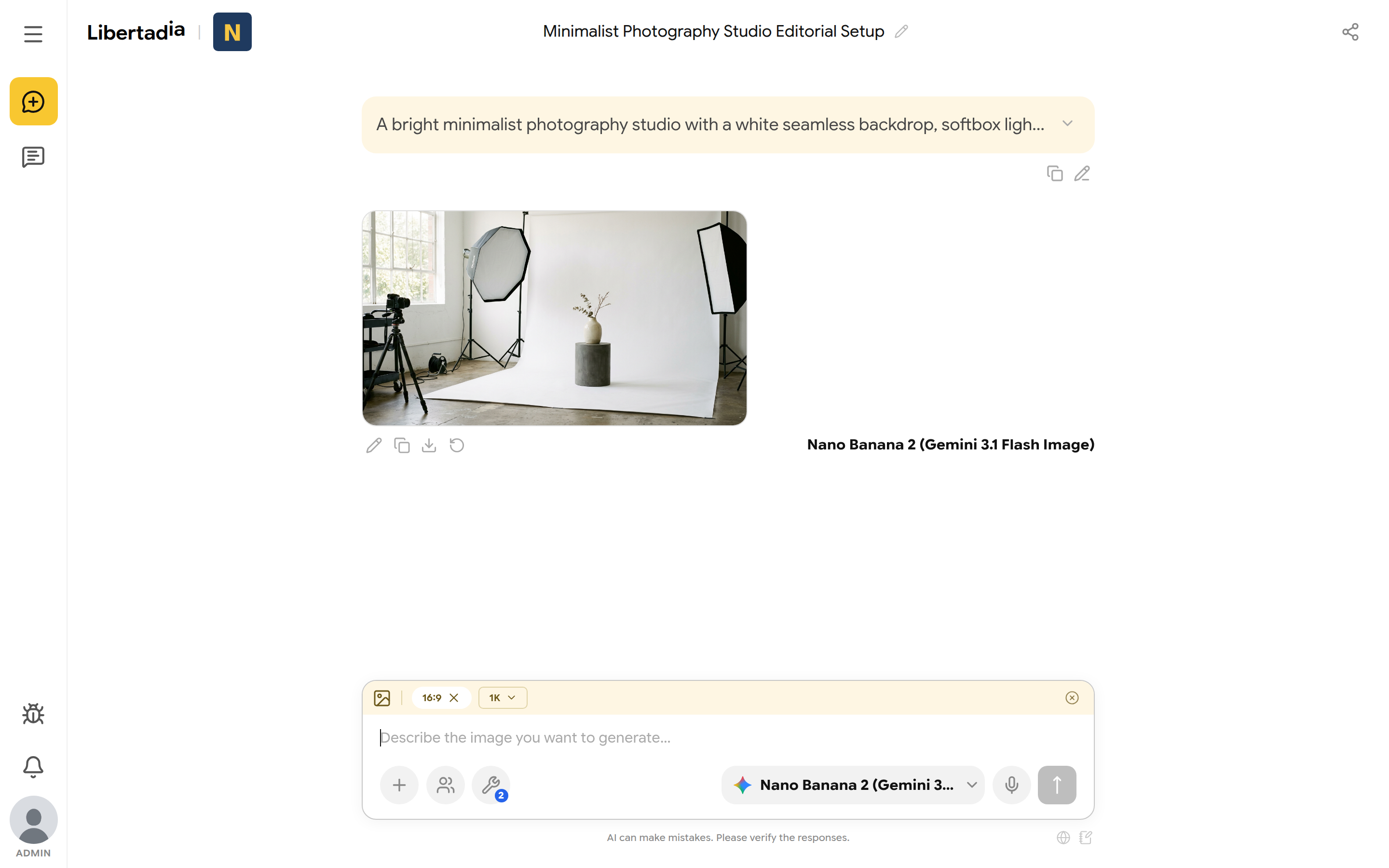Generated photo of a minimalist studio with softboxes and a vase, with edit, copy, download and regenerate icons