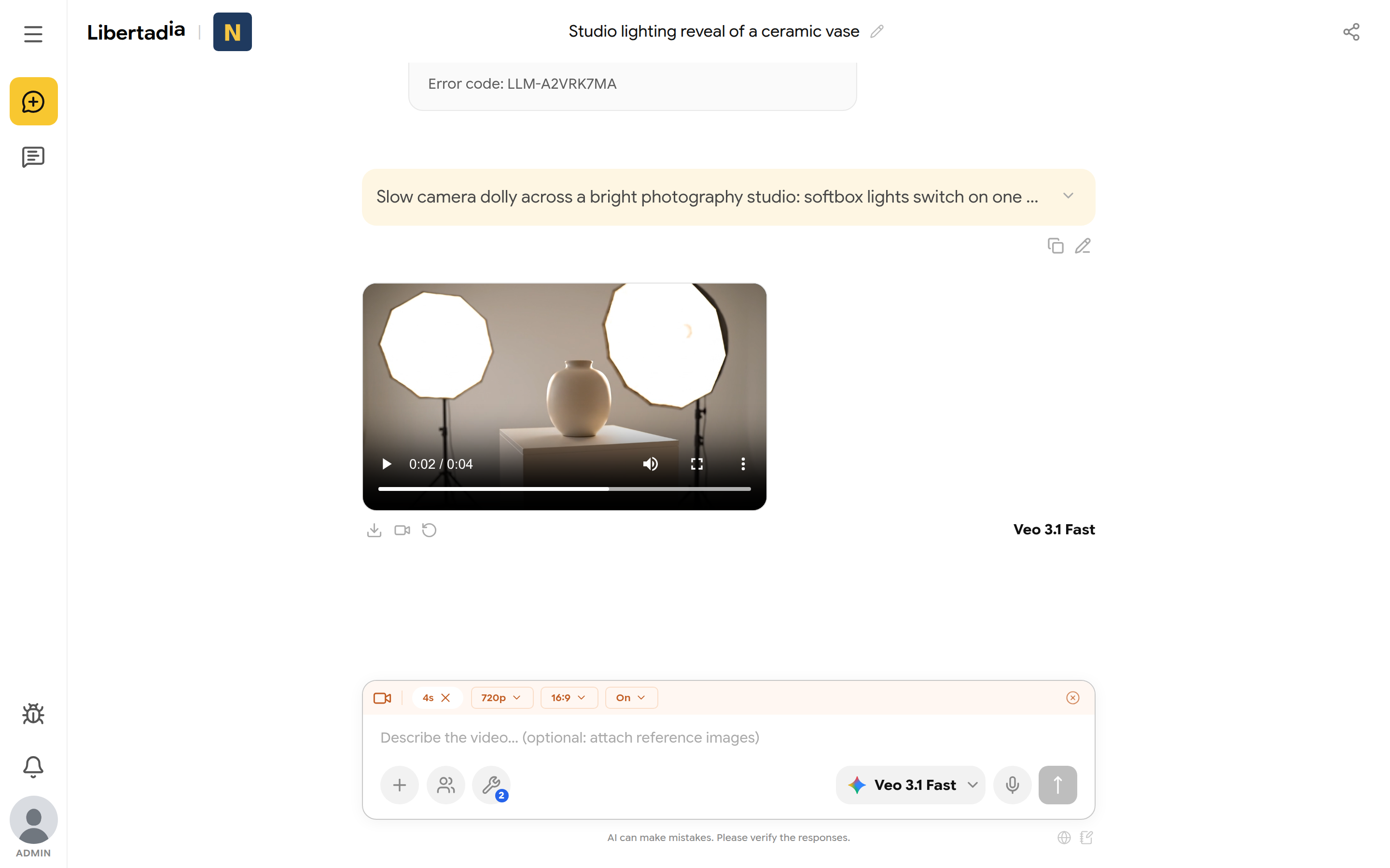 Generated video of a studio with softboxes and a vase, with player controls