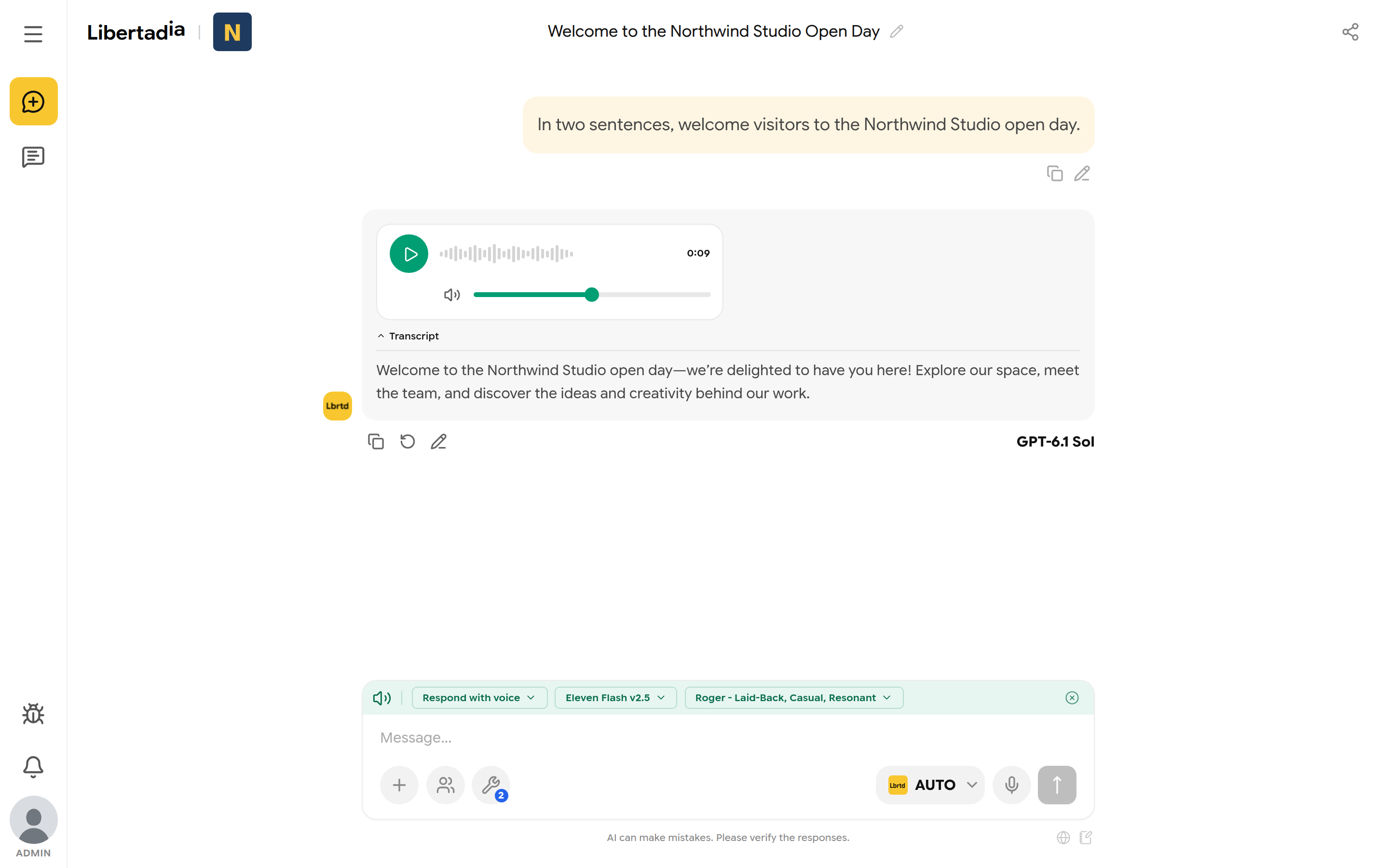 Spoken reply with an audio player, volume slider and expanded transcript