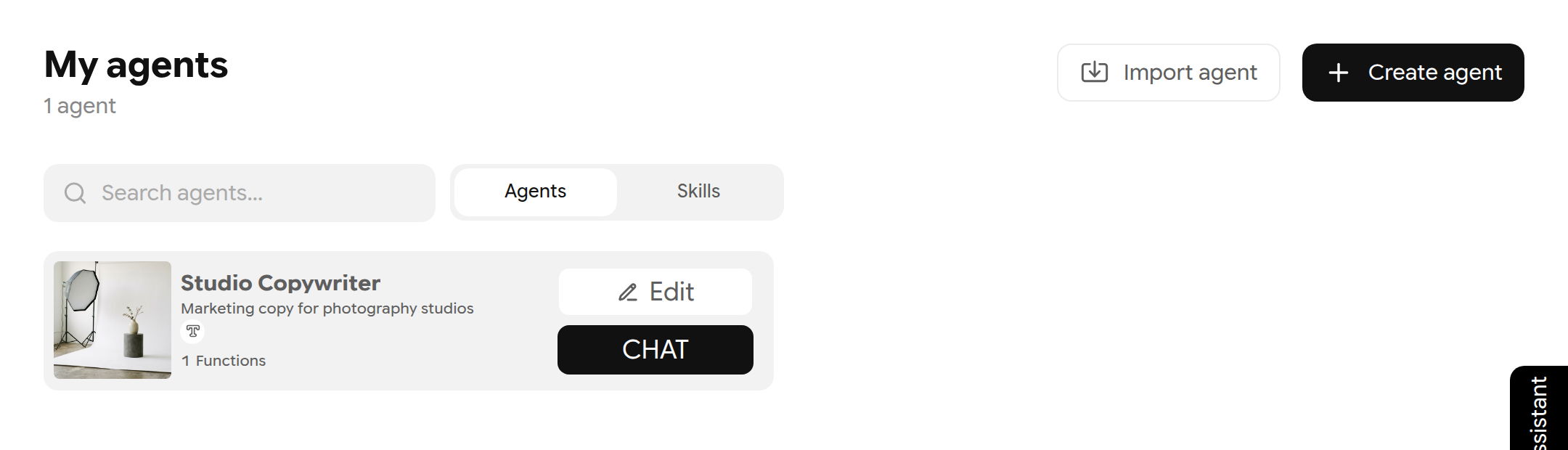 My agents page with one agent card, Edit and CHAT buttons, Import agent and Create agent