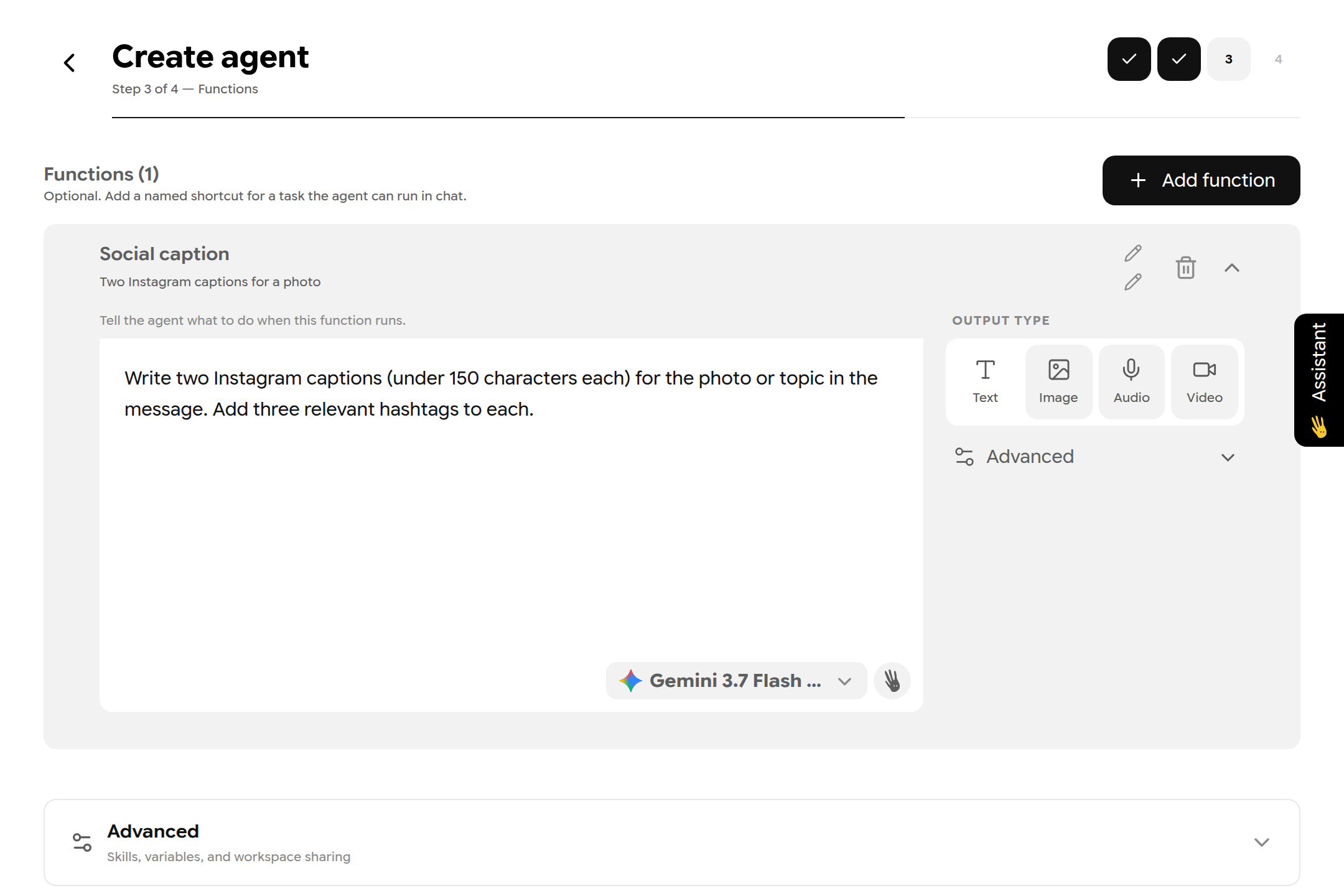 Wizard step 3 with a Social caption function and its prompt