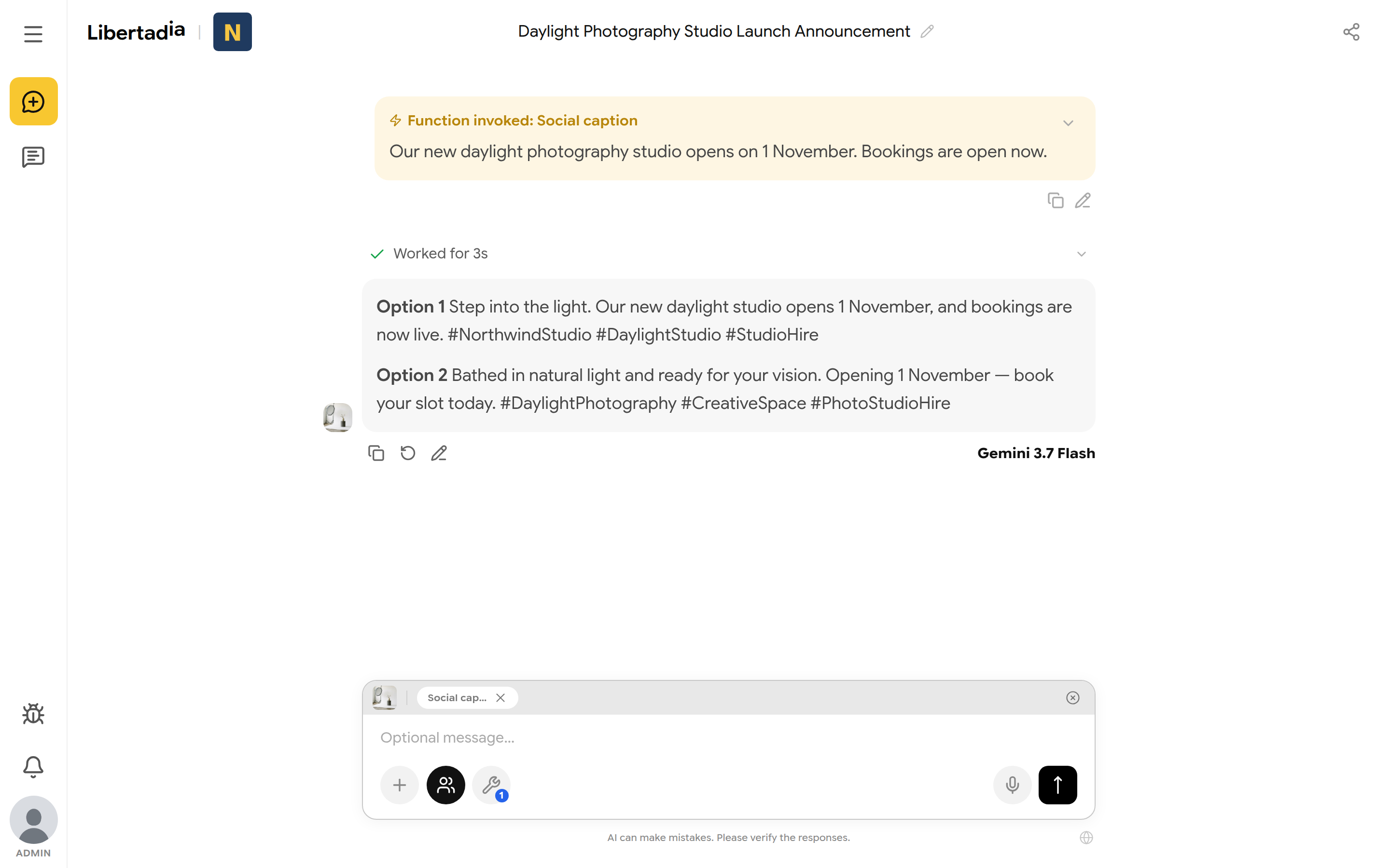 Reply from Studio Copywriter with two caption options and hashtags