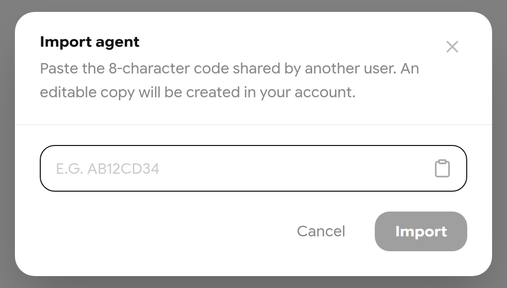 Import agent dialog with a code field