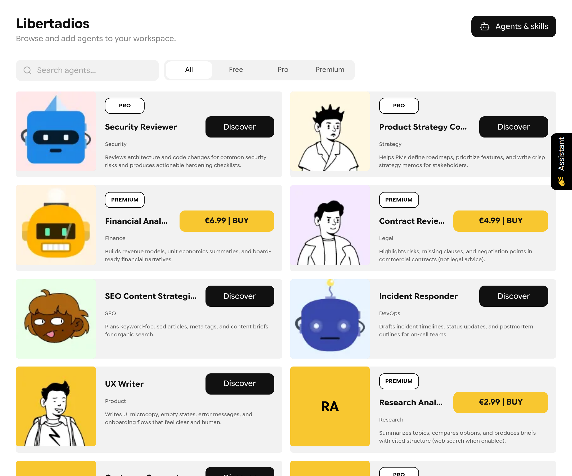 Libertadios catalog with agent cards, PRO and PREMIUM badges and Discover and Buy buttons