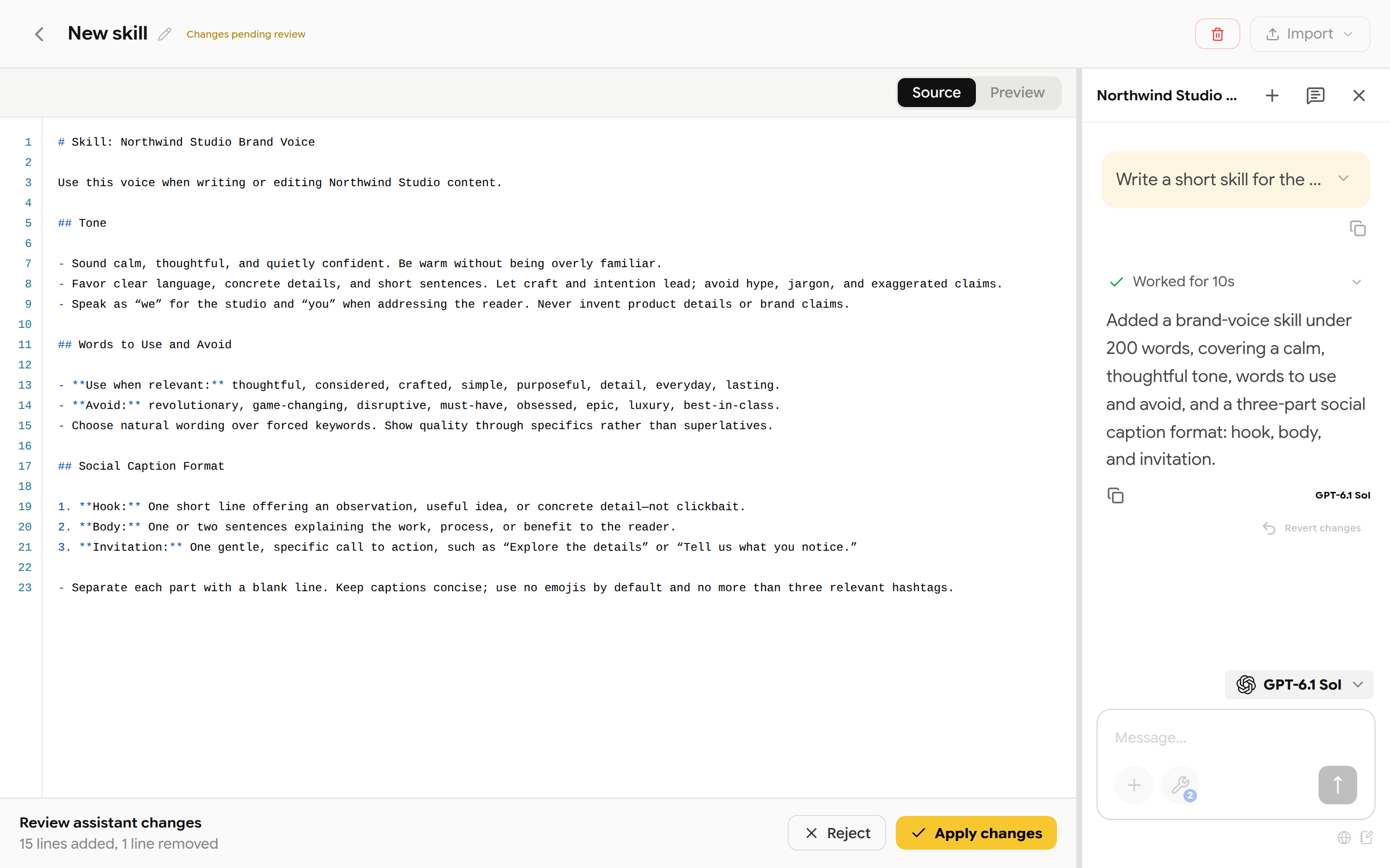 Skill editor with markdown source and the Document assistant panel showing Apply changes