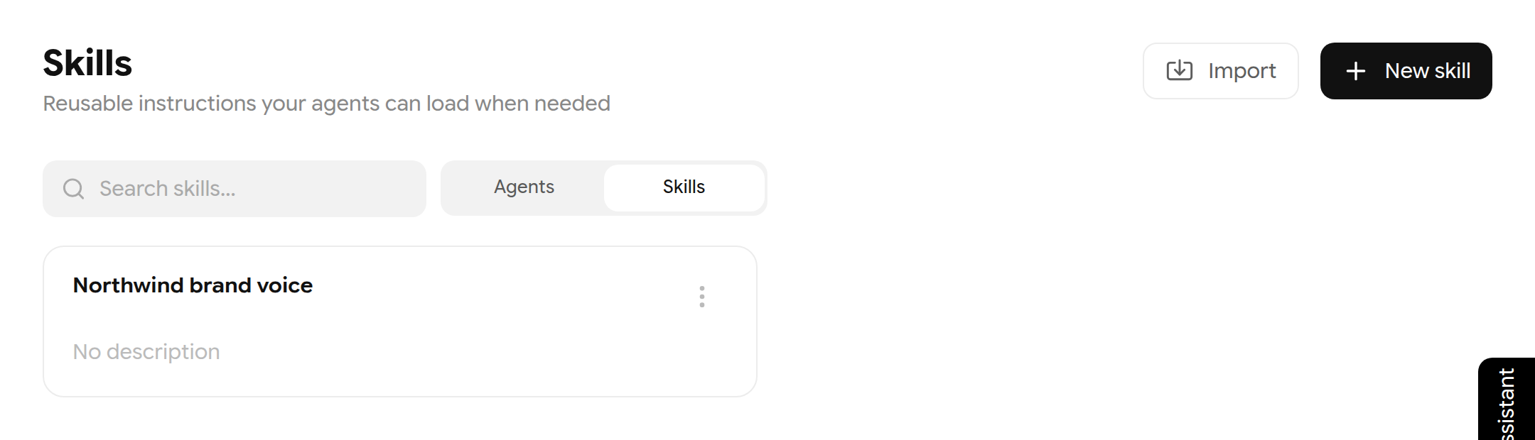 Skills tab listing the Northwind brand voice skill