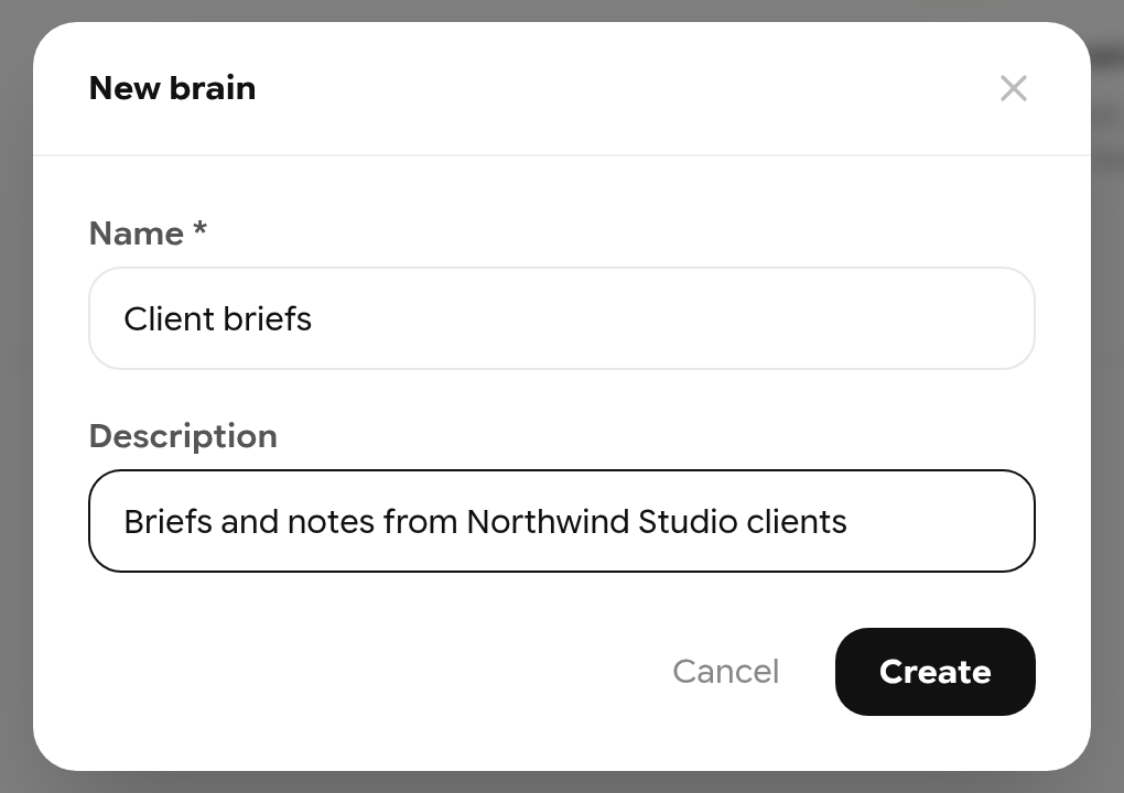New brain dialog with name Client briefs and a description