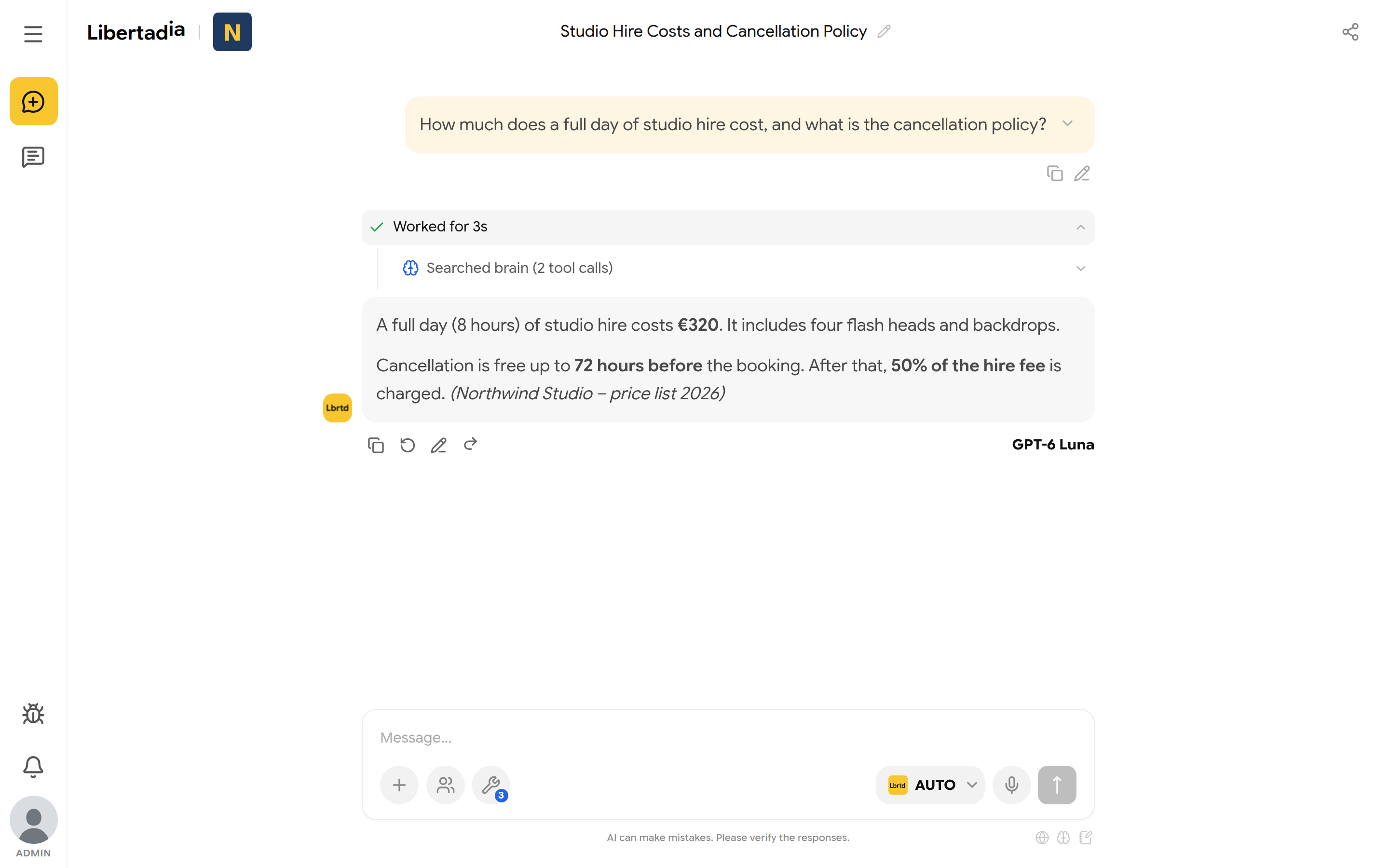 Reply giving the full-day studio hire price and cancellation policy, citing the price list, with a Searched brain step