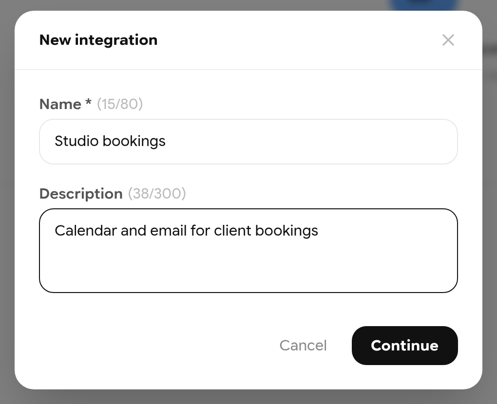 New integration dialog with name Studio bookings and a description