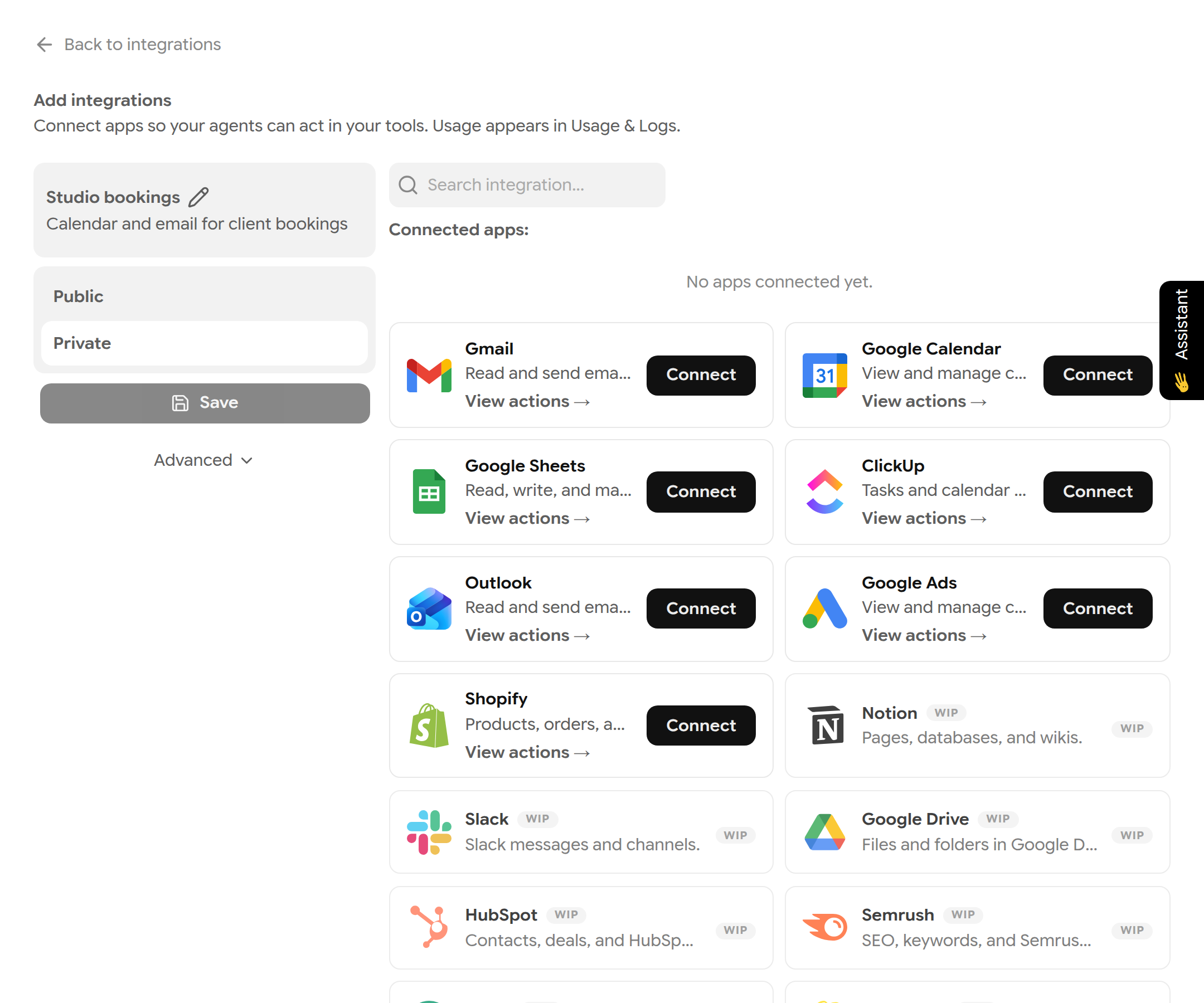 Integration page listing Gmail, Google Calendar, Google Sheets, ClickUp, Outlook, Google Ads and Shopify with Connect buttons, and WIP apps
