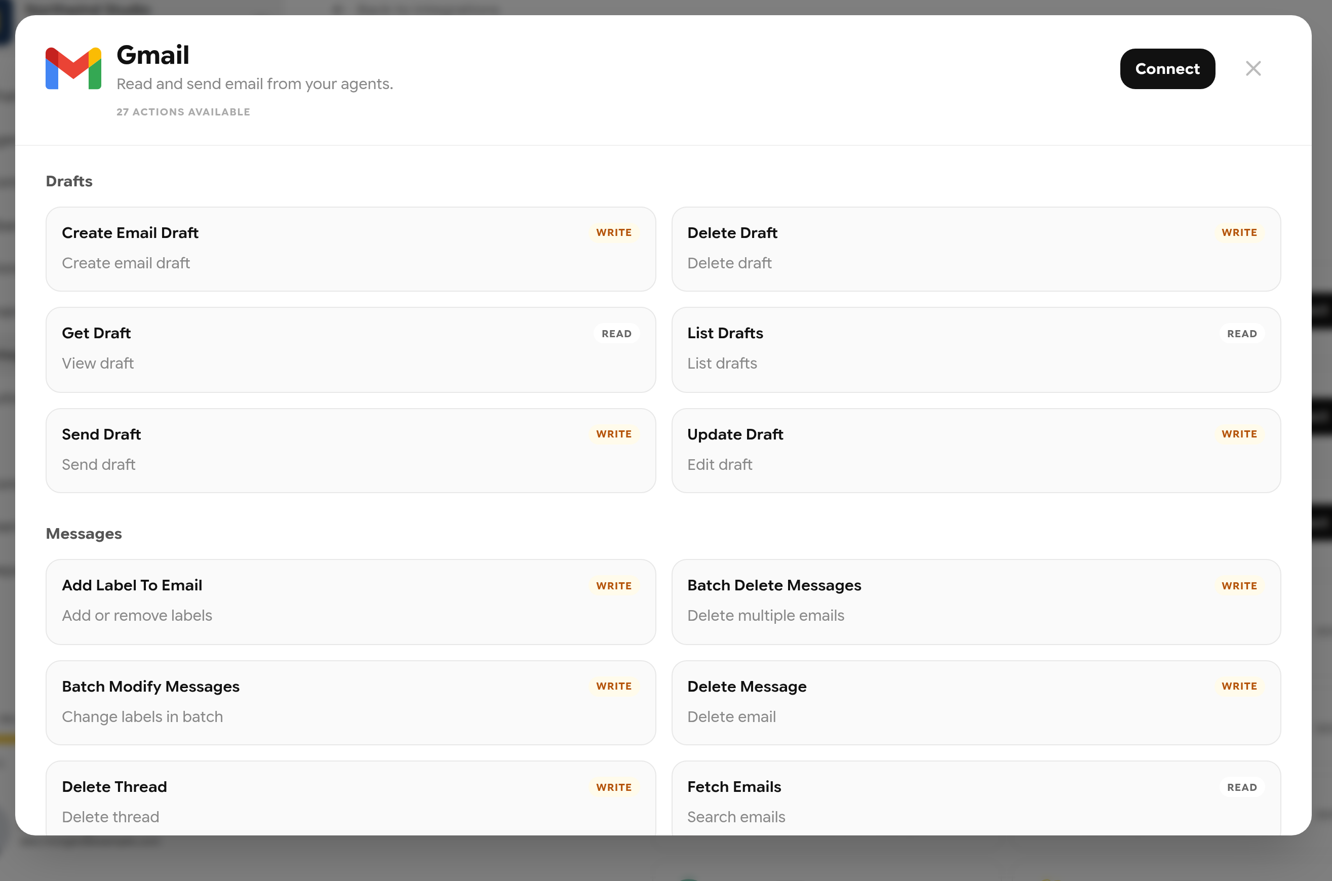 Gmail actions list grouped by Drafts and Messages with READ and WRITE labels
