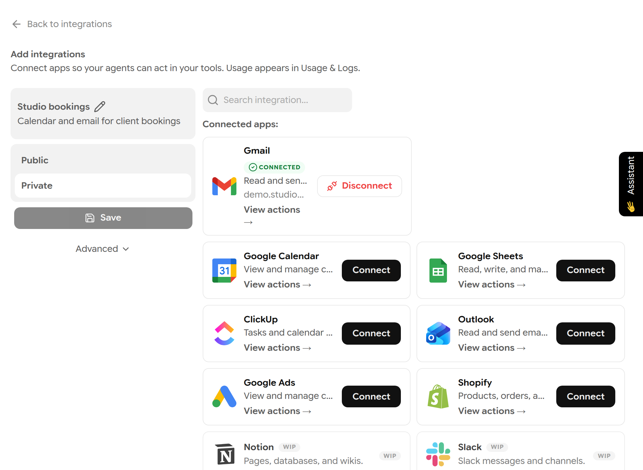 Studio bookings integration with Gmail under Connected apps, status Connected, a demo account and a Disconnect button