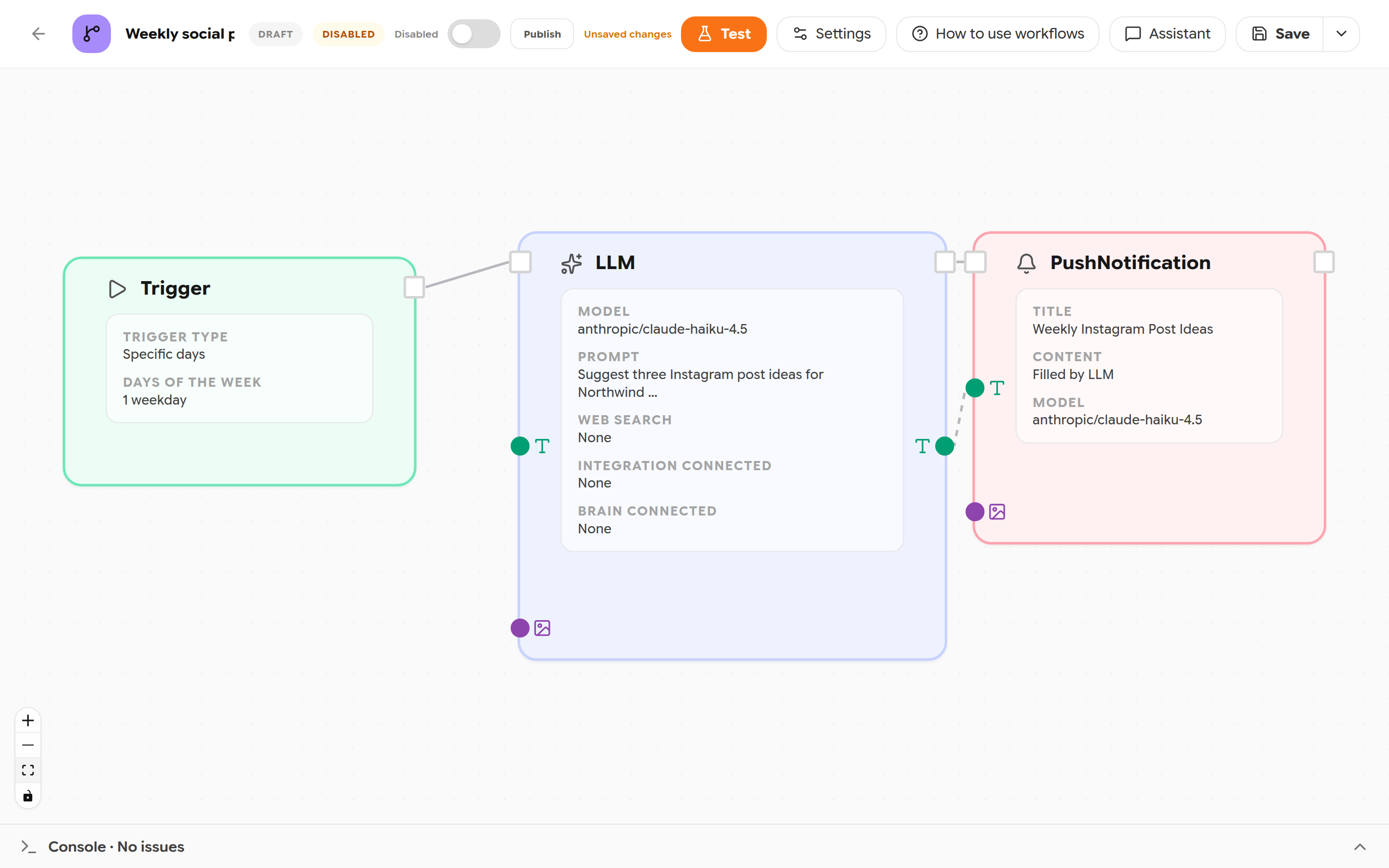 Workflow canvas with Trigger, LLM and Send Post Ideas notification nodes