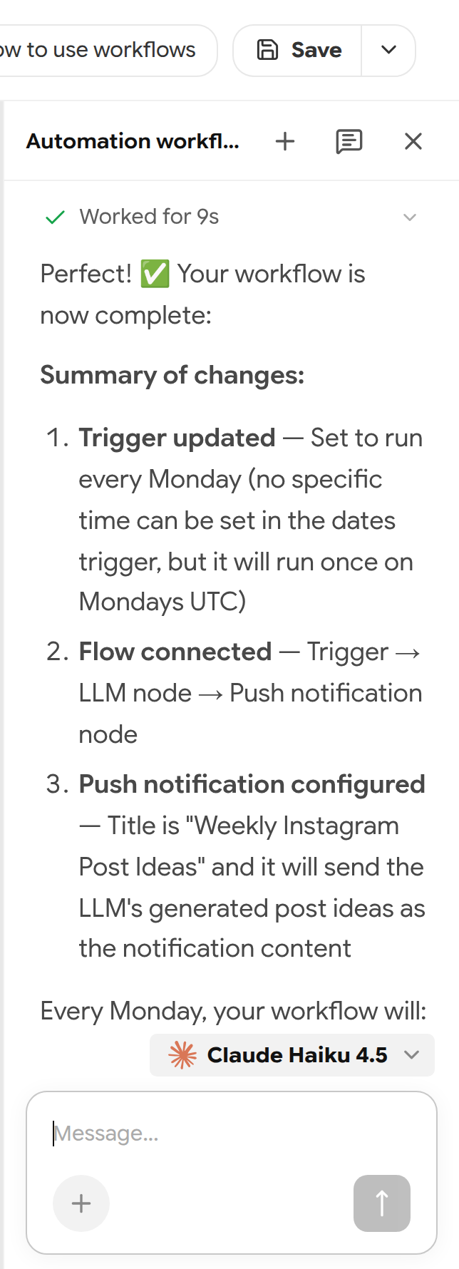 Workflow assistant panel summarising the changes it made