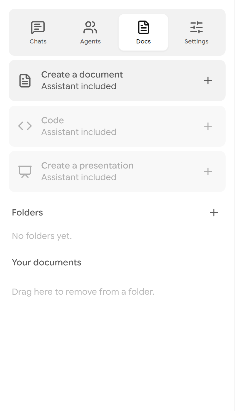 Docs tab with Create a document, Code and Create a presentation, folders and your documents