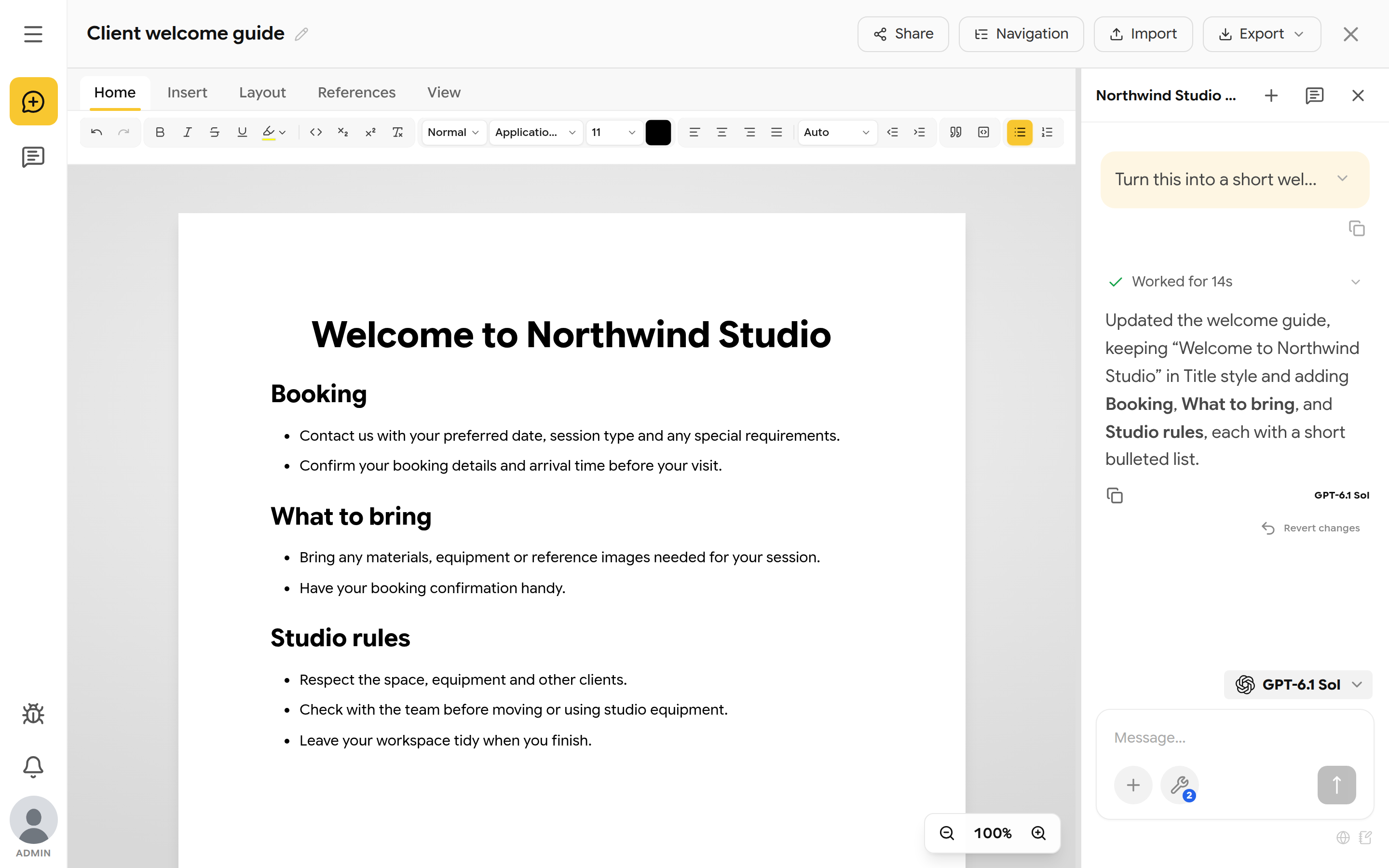 Finished client welcome guide with title, sections and bullet lists