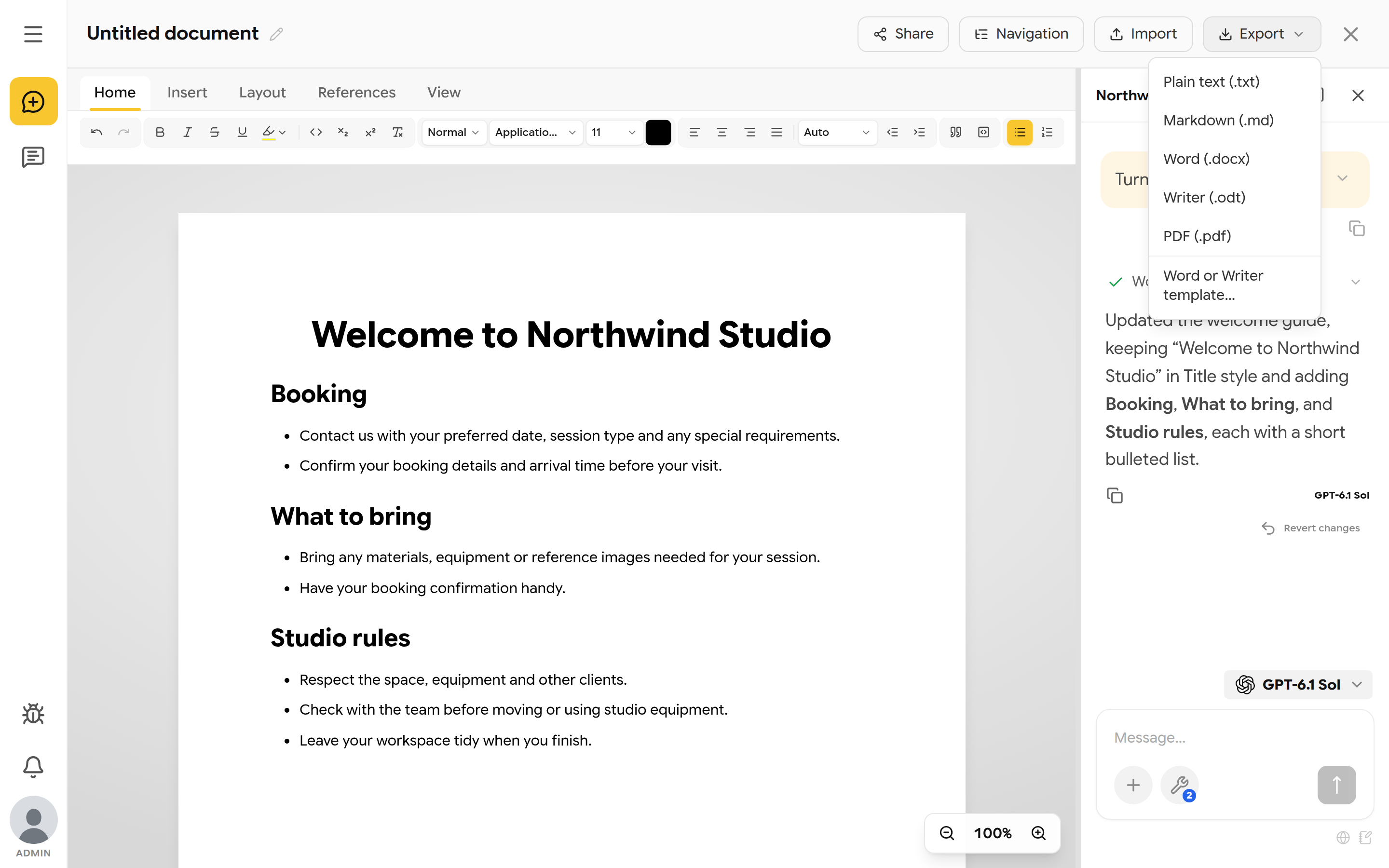 Export menu with Plain text, Markdown, Word, Writer, PDF and Word or Writer template options