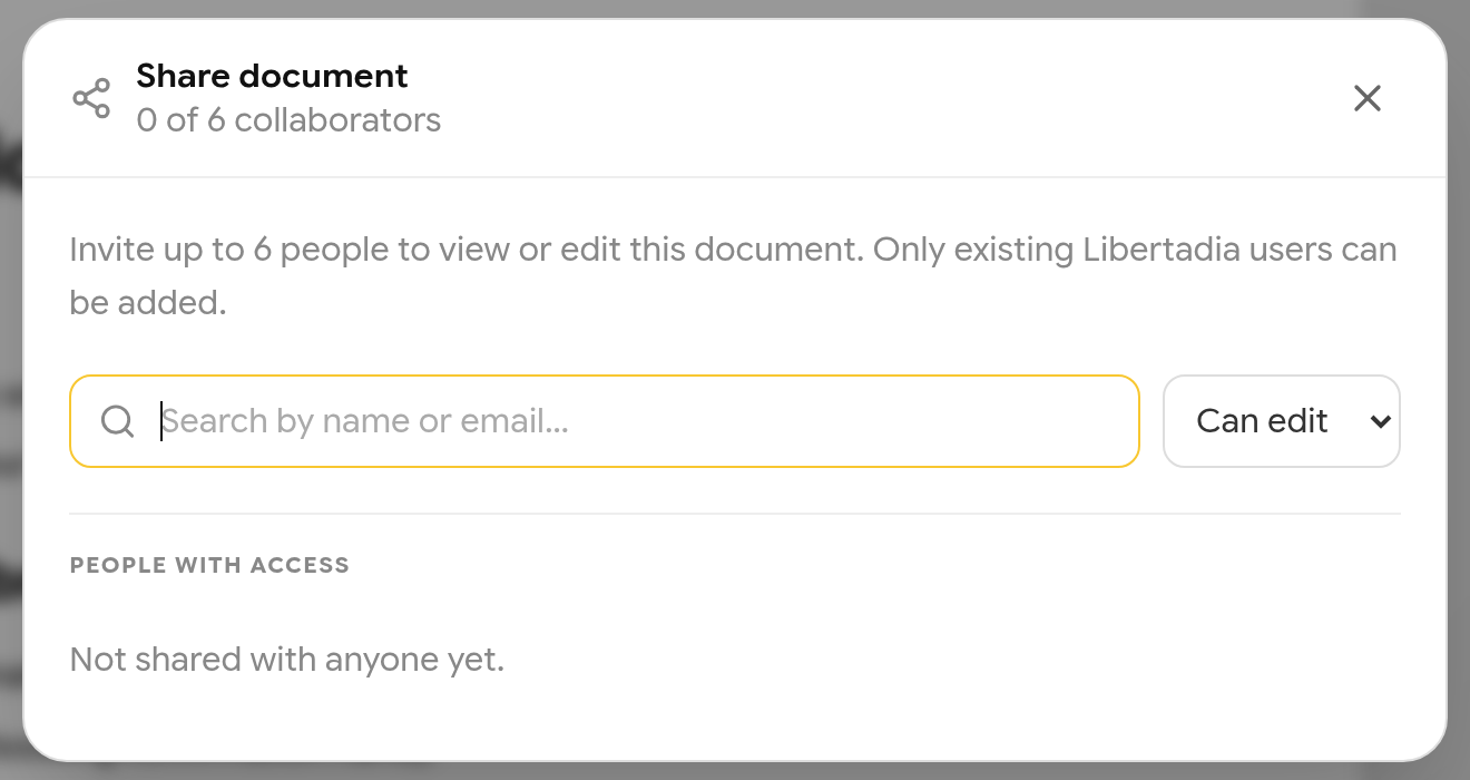 Share document dialog with search box, permission selector and people with access