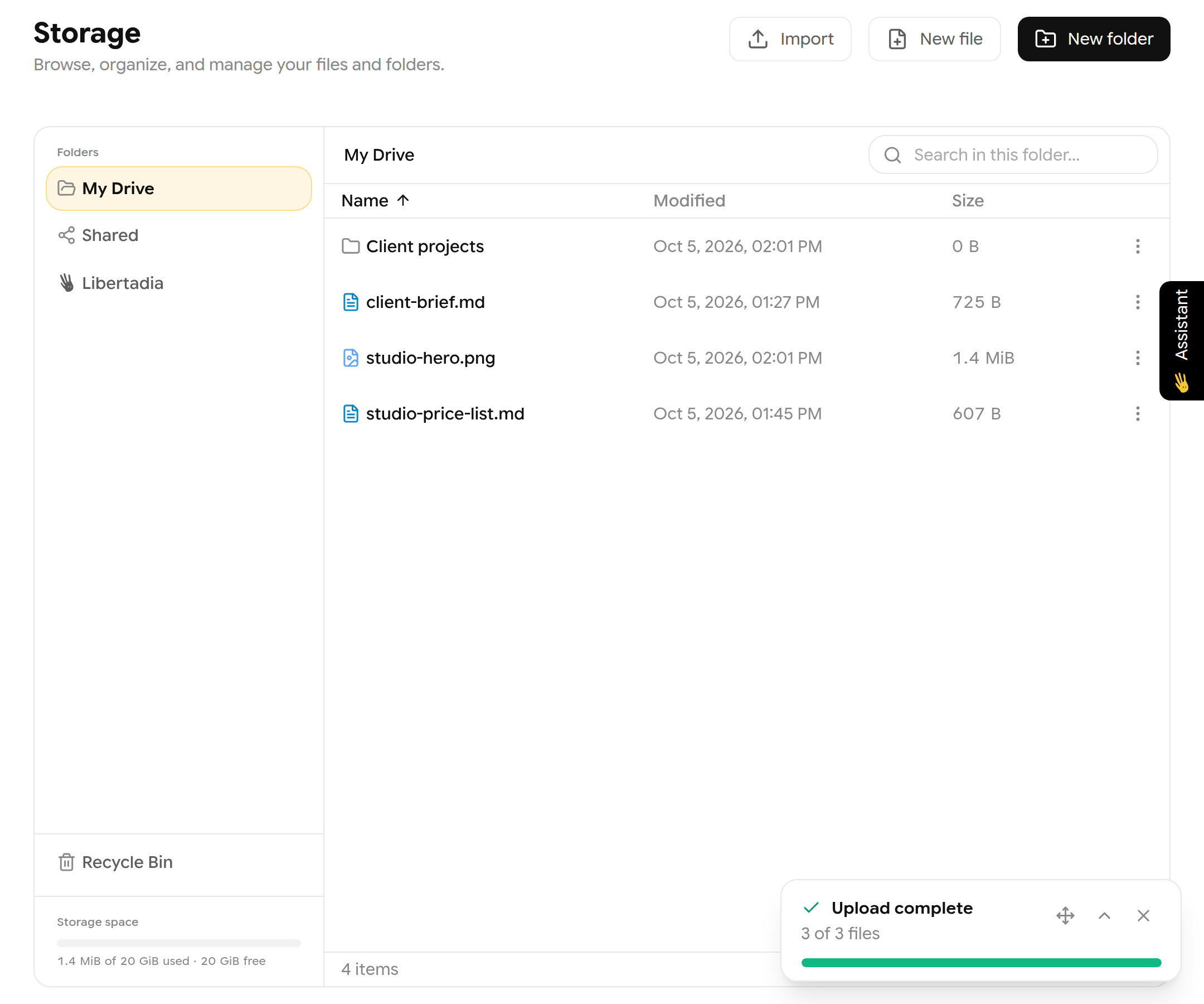 Storage page with folders panel, a folder and three files, and an Upload complete message