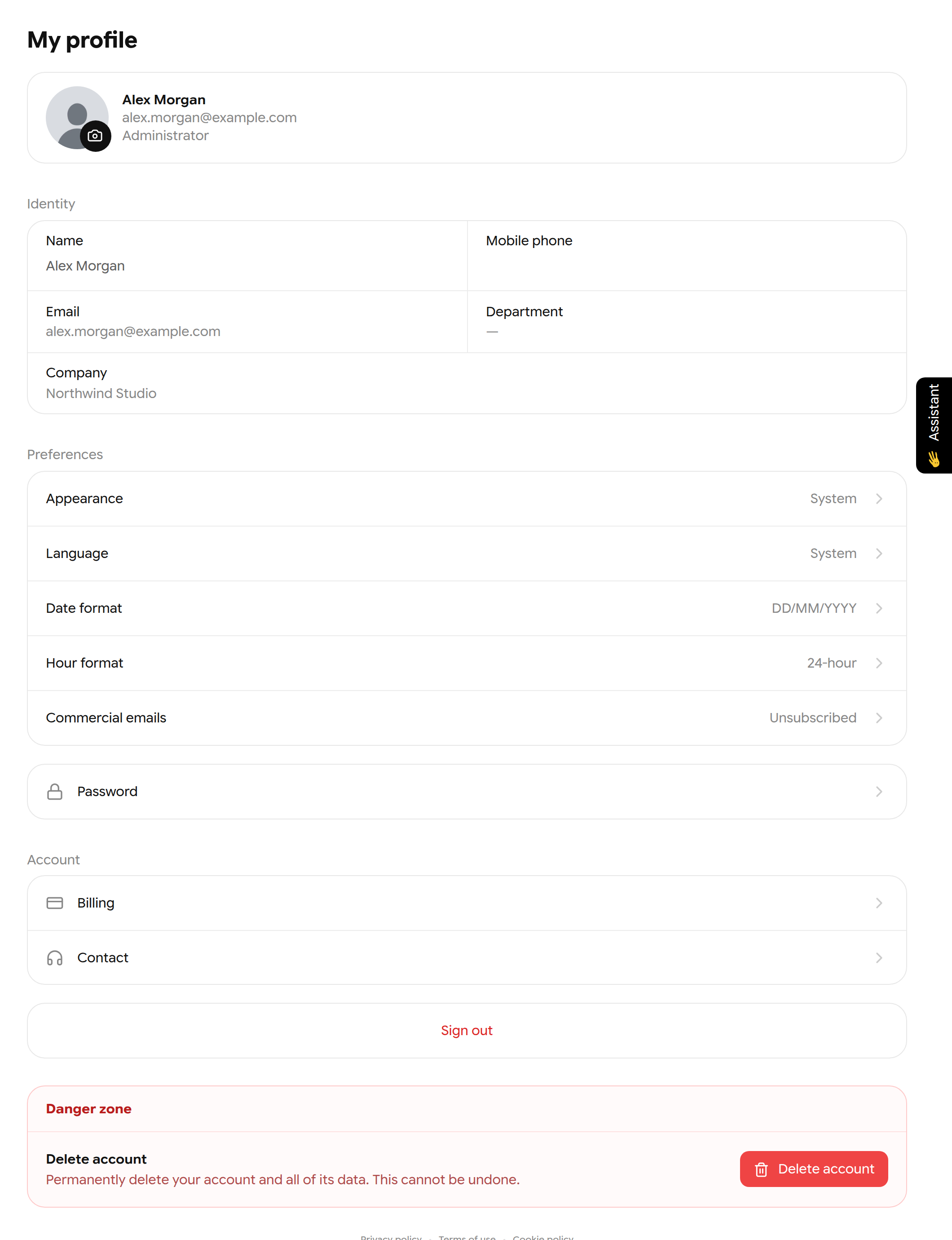 My profile page with identity, preferences, password, billing, contact, sign out and danger zone